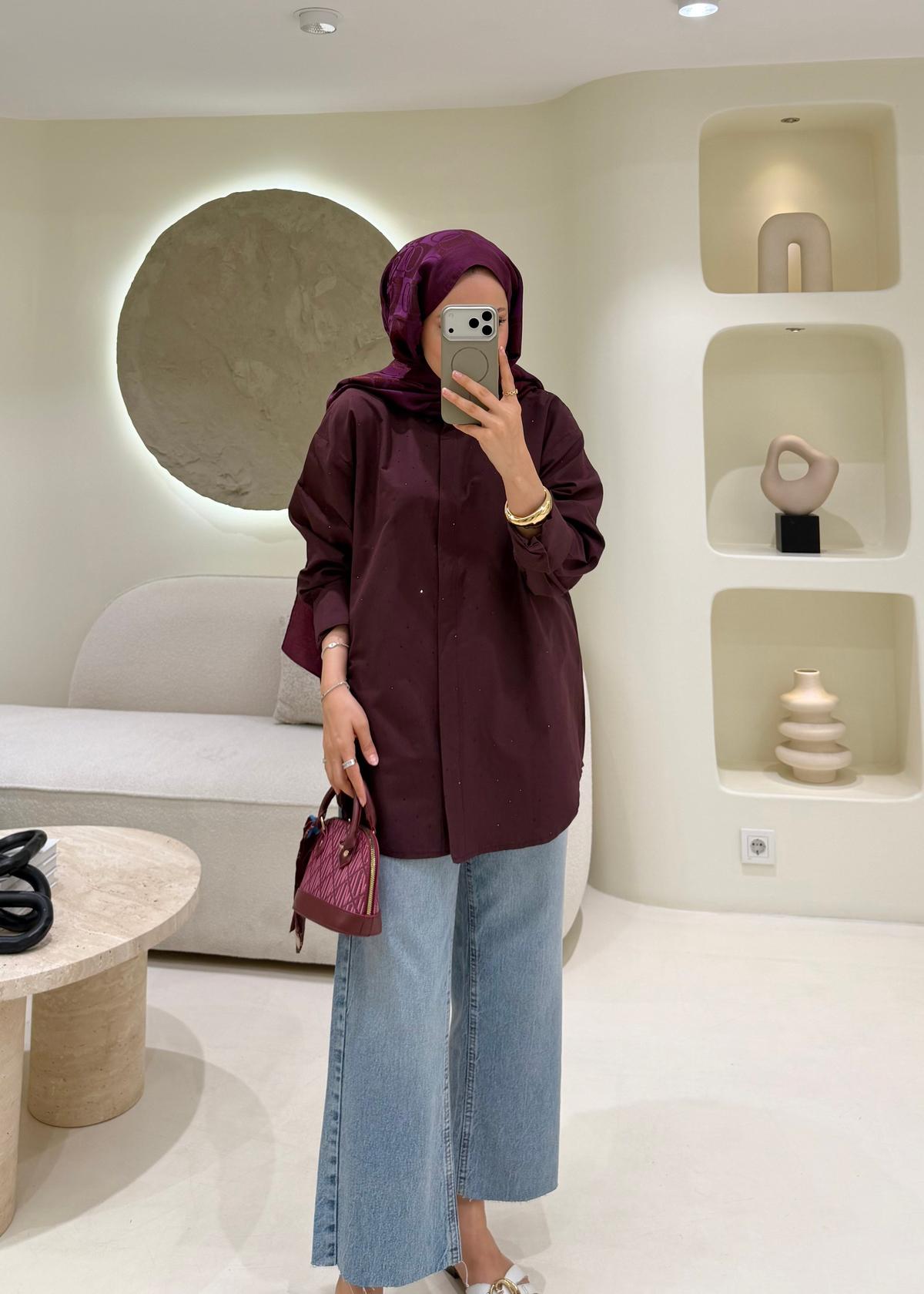 Taşlı Poplin Gömlek Bordo