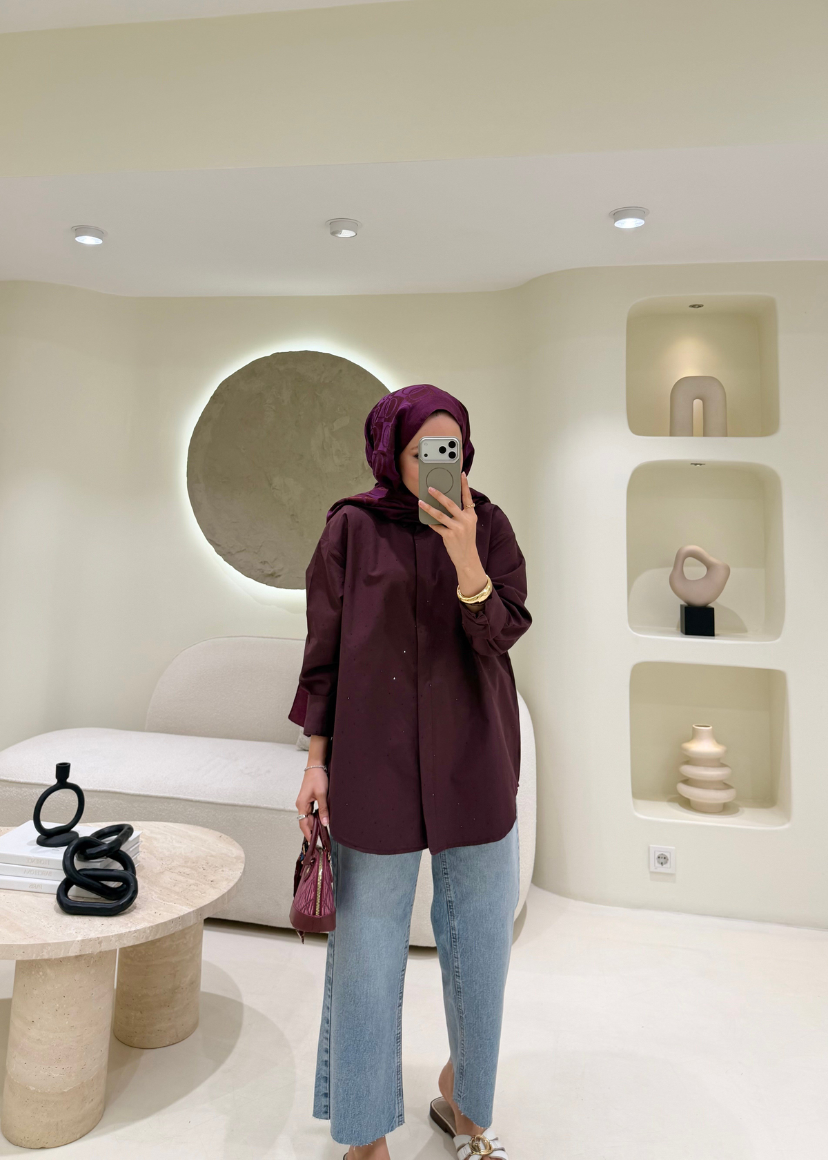 Taşlı Poplin Gömlek Bordo