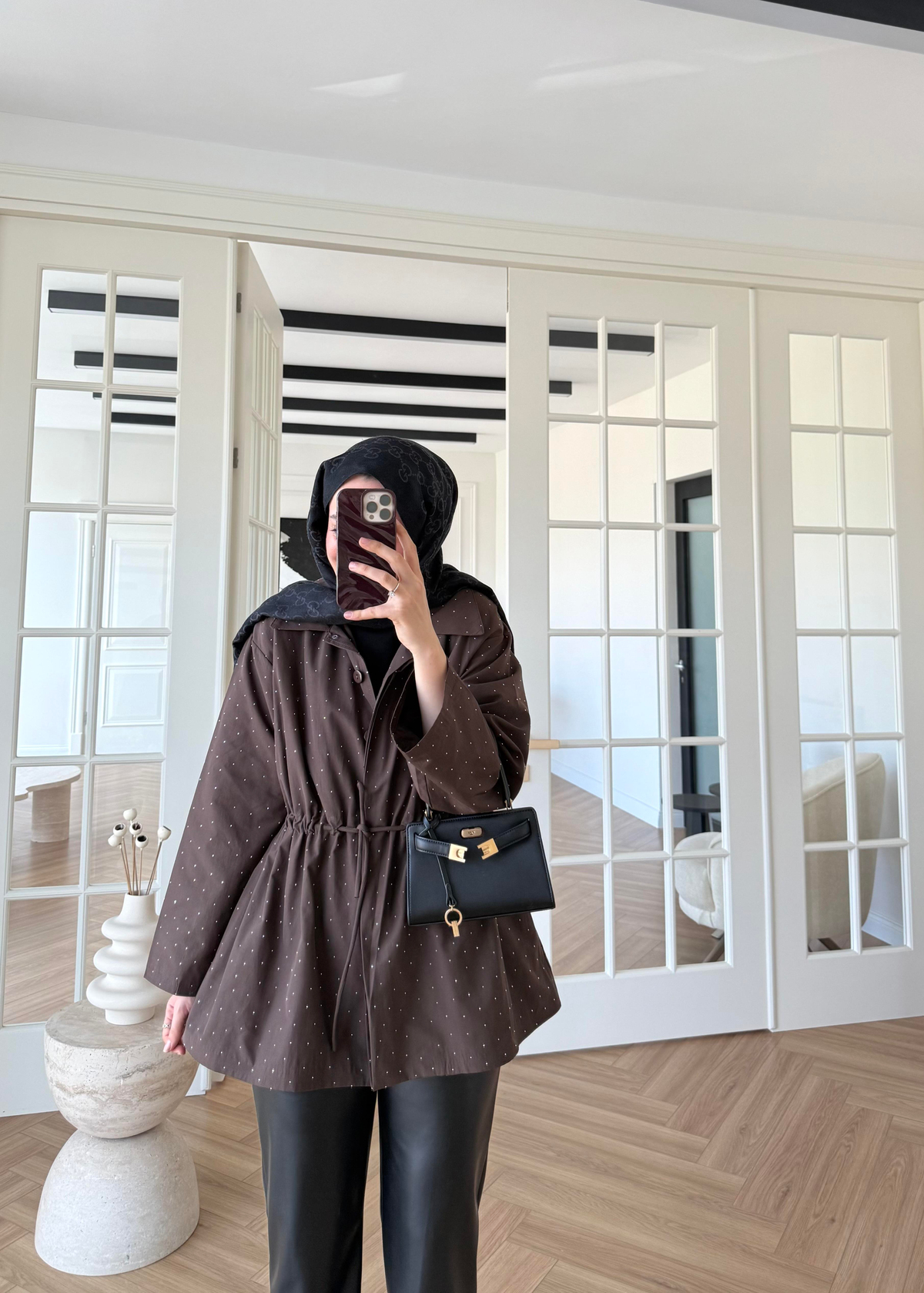 Taşlı Trenç Kahverengi