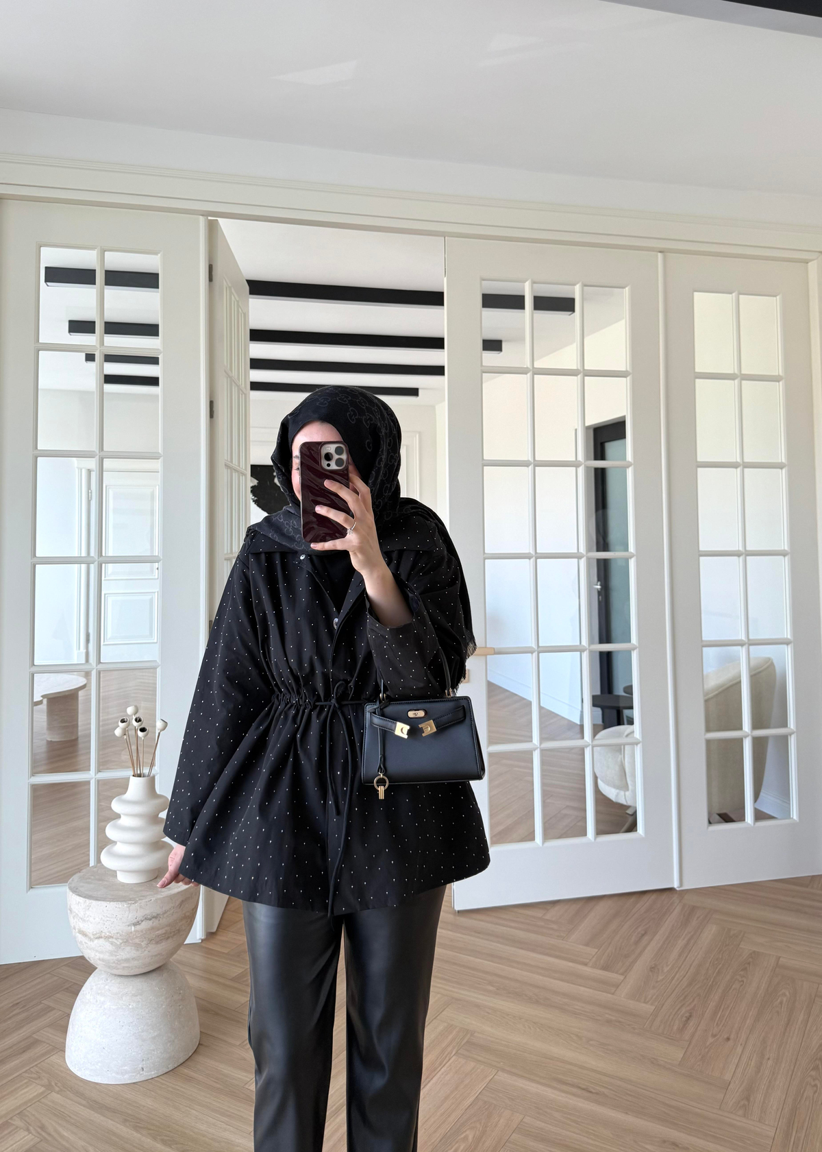 Taşlı Trenç Siyah