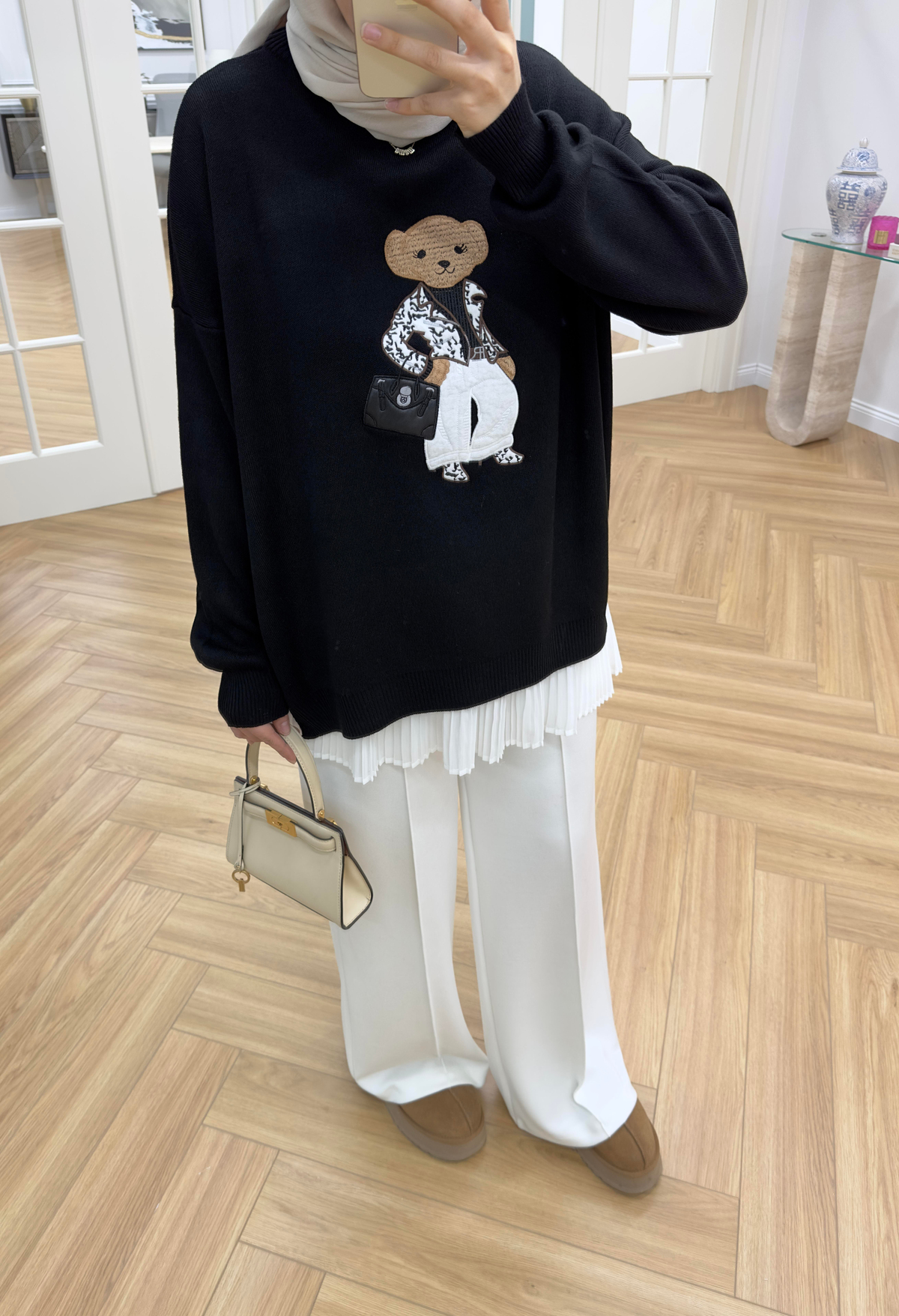 Teddy Nakışlı Triko Siyah