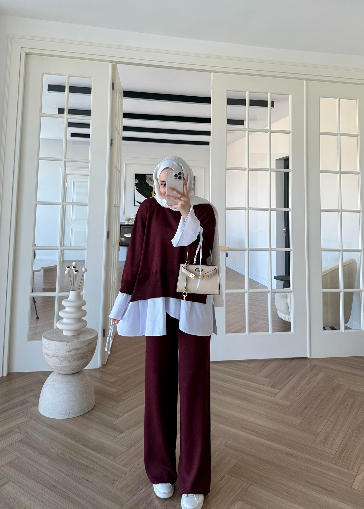 Triko Gömlek Detaylı Takım Bordo