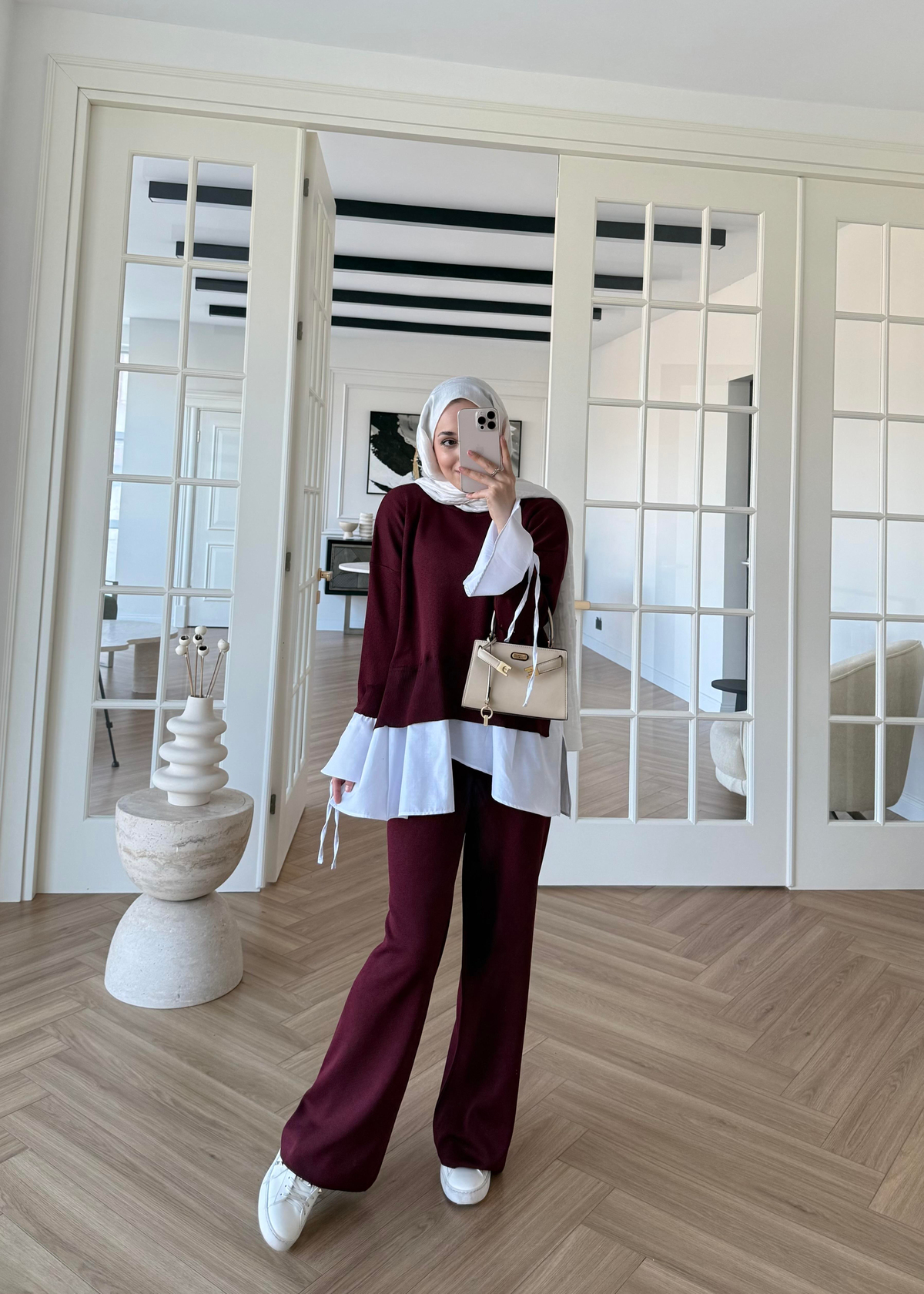 Triko Gömlek Detaylı Takım Bordo