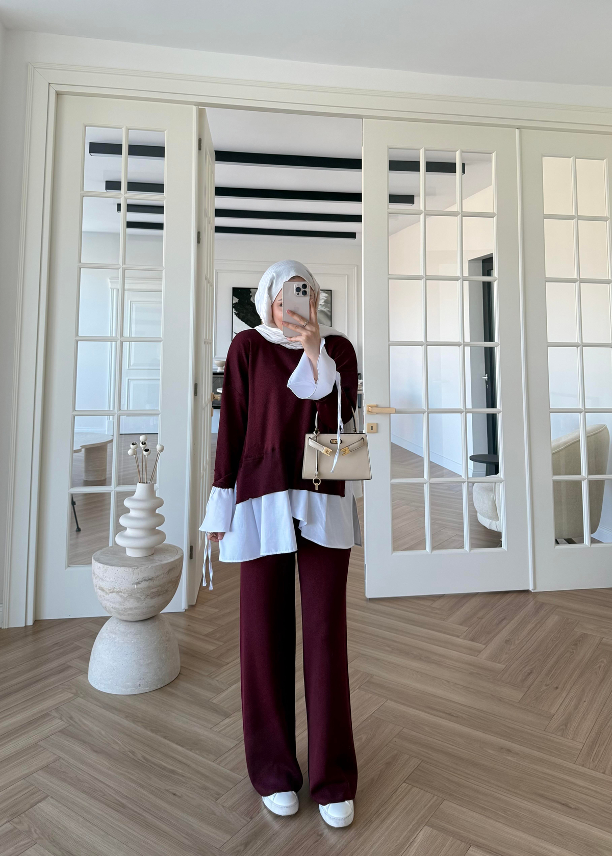 Triko Gömlek Detaylı Takım Bordo