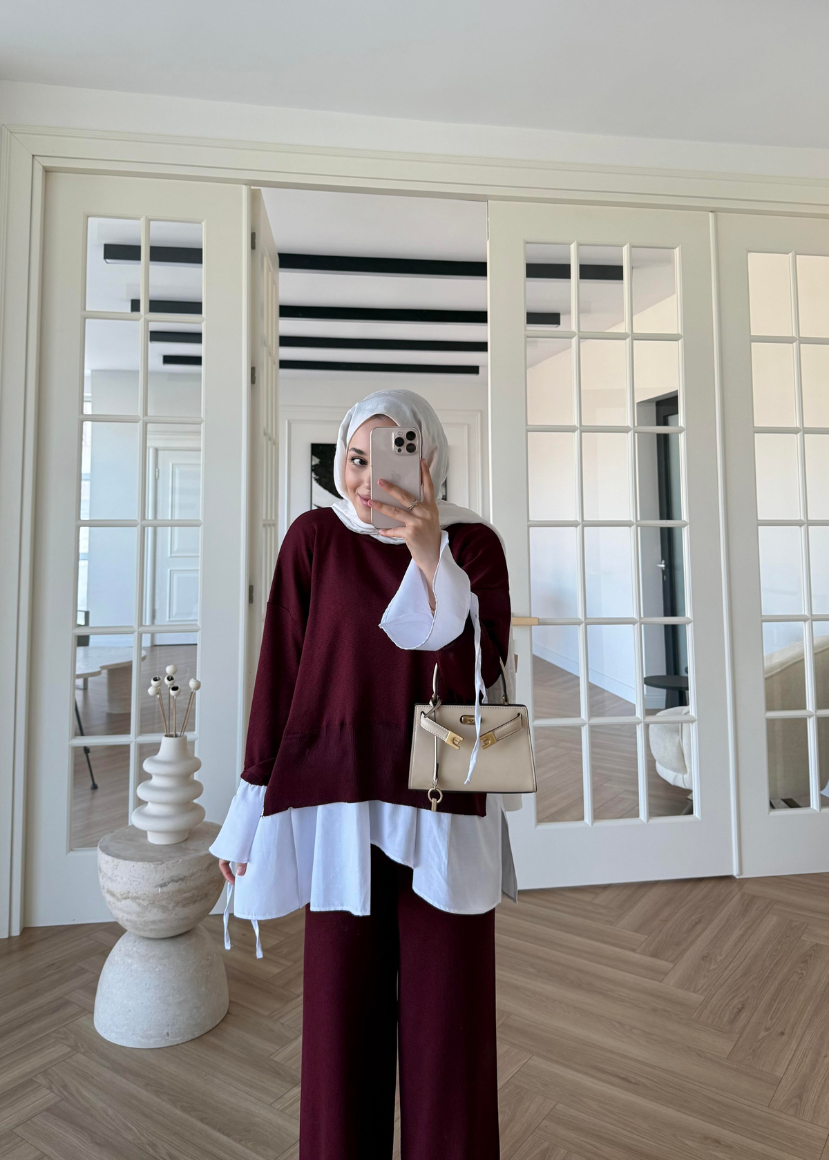 Triko Gömlek Detaylı Takım Bordo