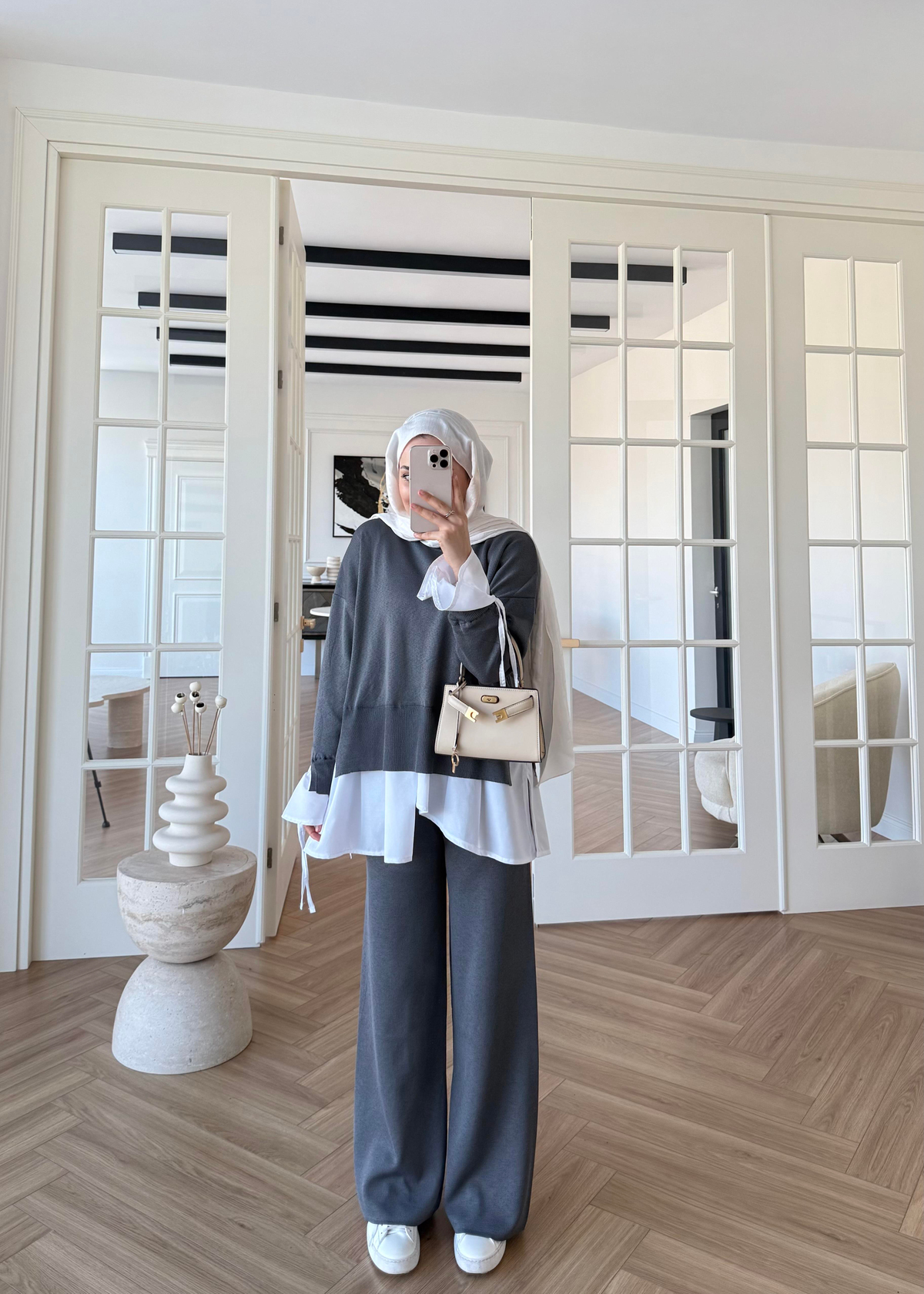 Triko Gömlek Detaylı Takım Gri