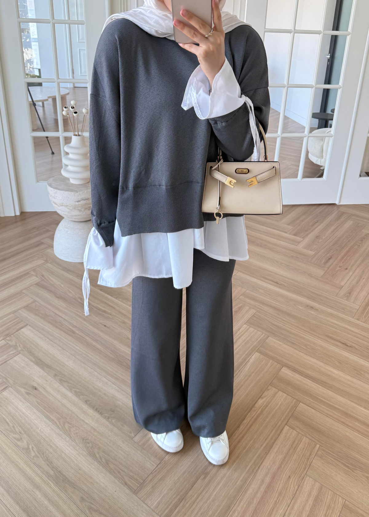 Triko Gömlek Detaylı Takım Gri