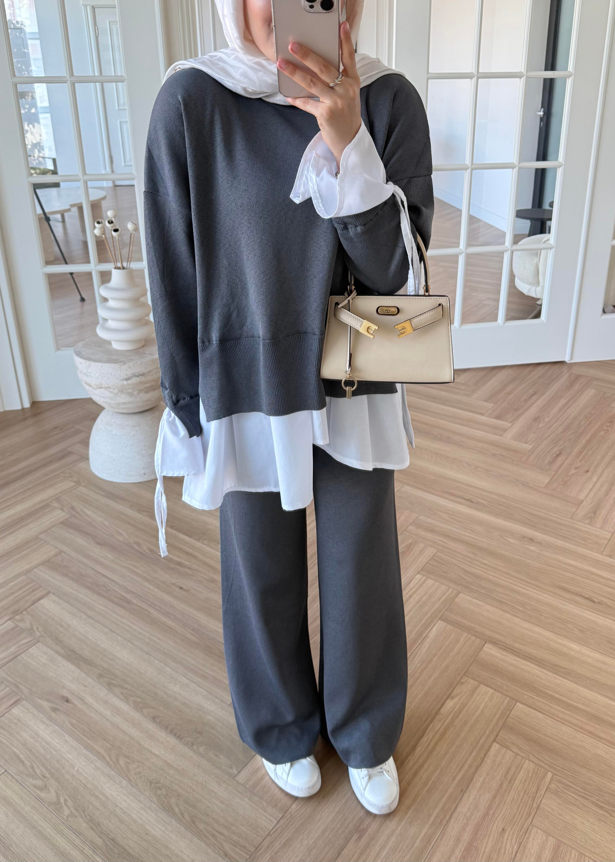 Triko Gömlek Detaylı Takım Gri