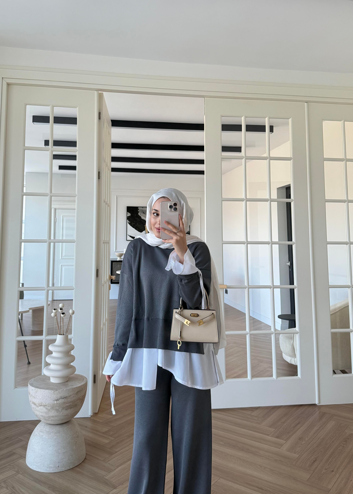 Triko Gömlek Detaylı Takım Gri