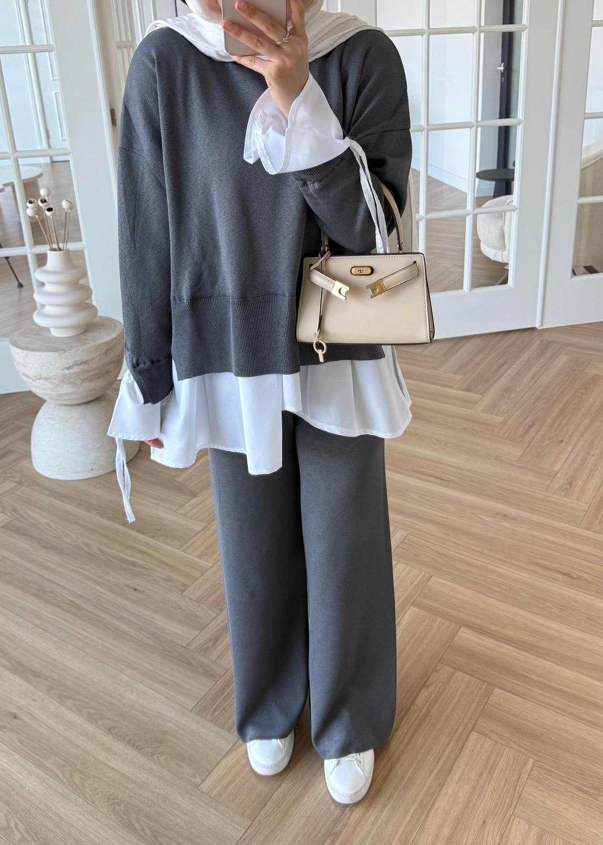 Triko Gömlek Detaylı Takım Gri