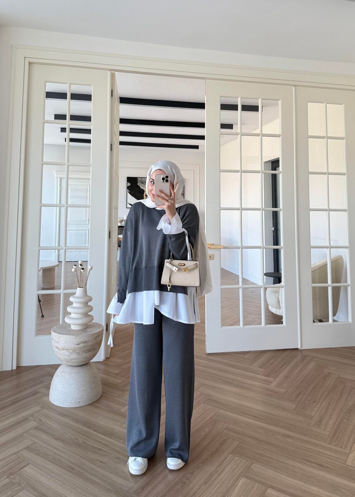 Triko Gömlek Detaylı Takım Gri