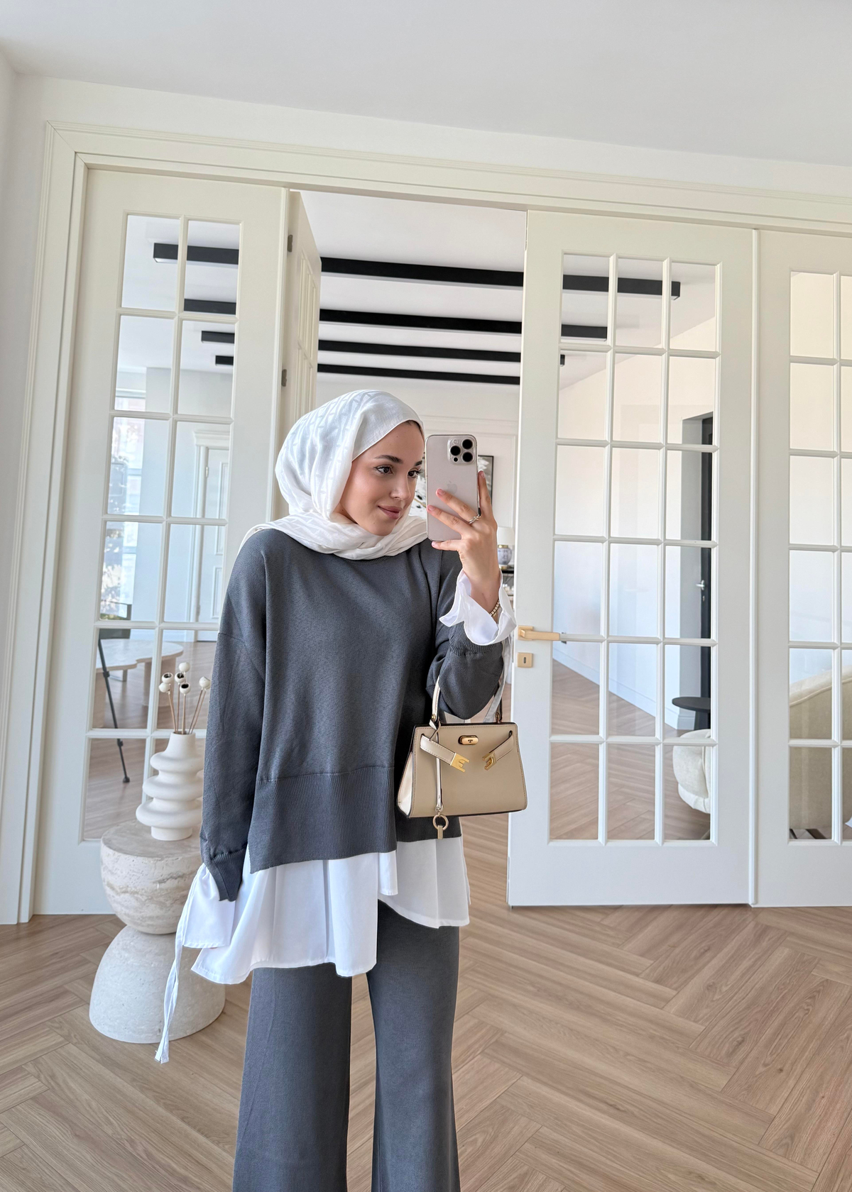 Triko Gömlek Detaylı Takım Gri