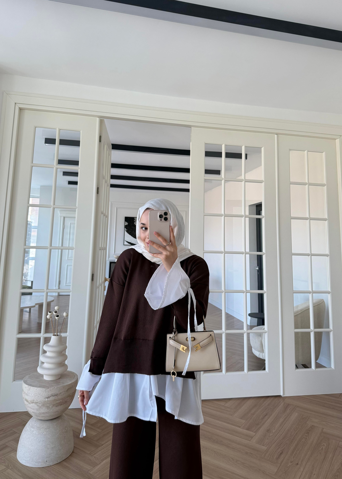 Triko Gömlek Detaylı Takım Kahverengi