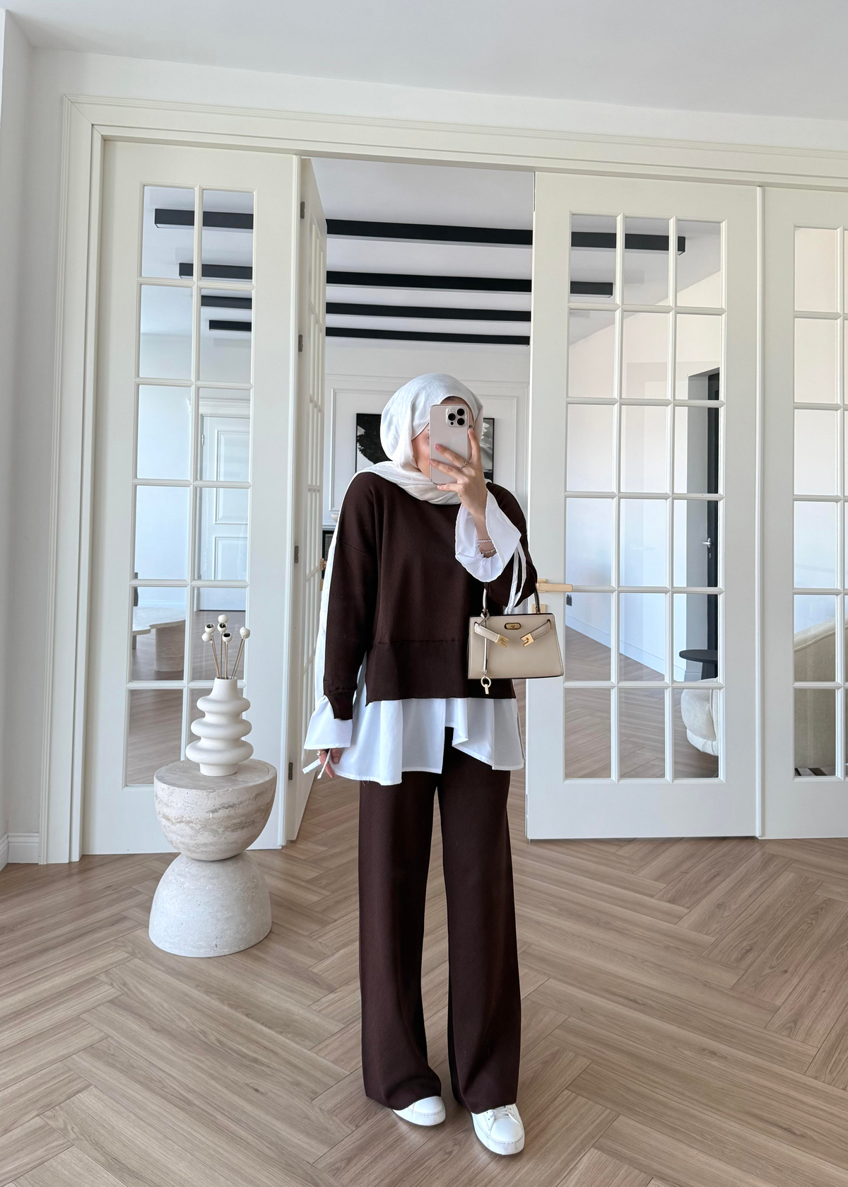 Triko Gömlek Detaylı Takım Kahverengi