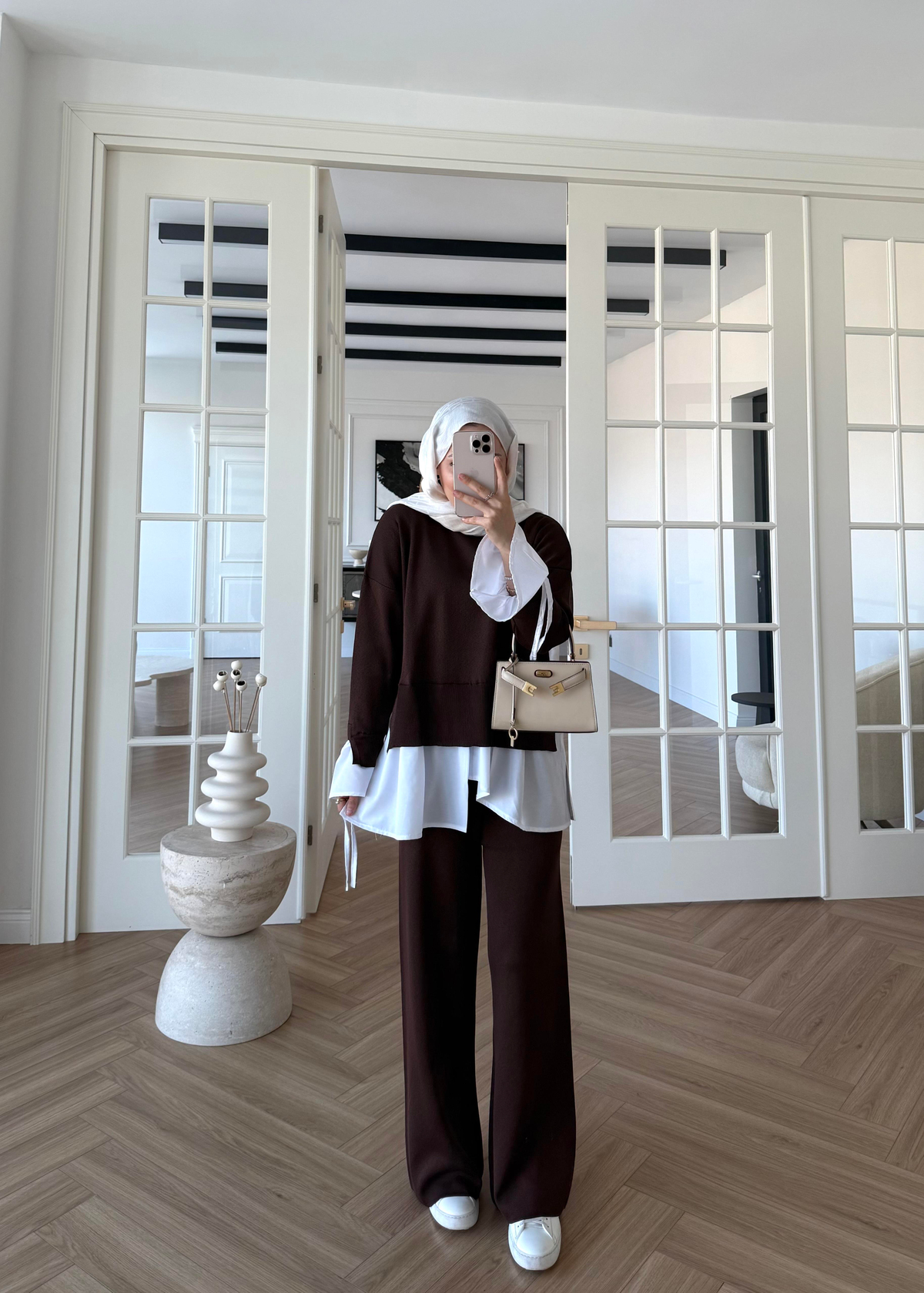 Triko Gömlek Detaylı Takım Kahverengi