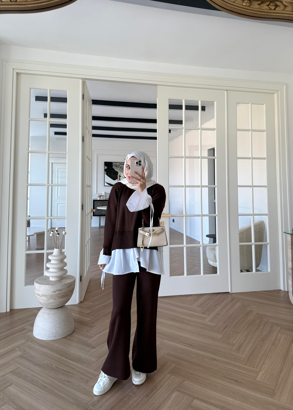 Triko Gömlek Detaylı Takım Kahverengi