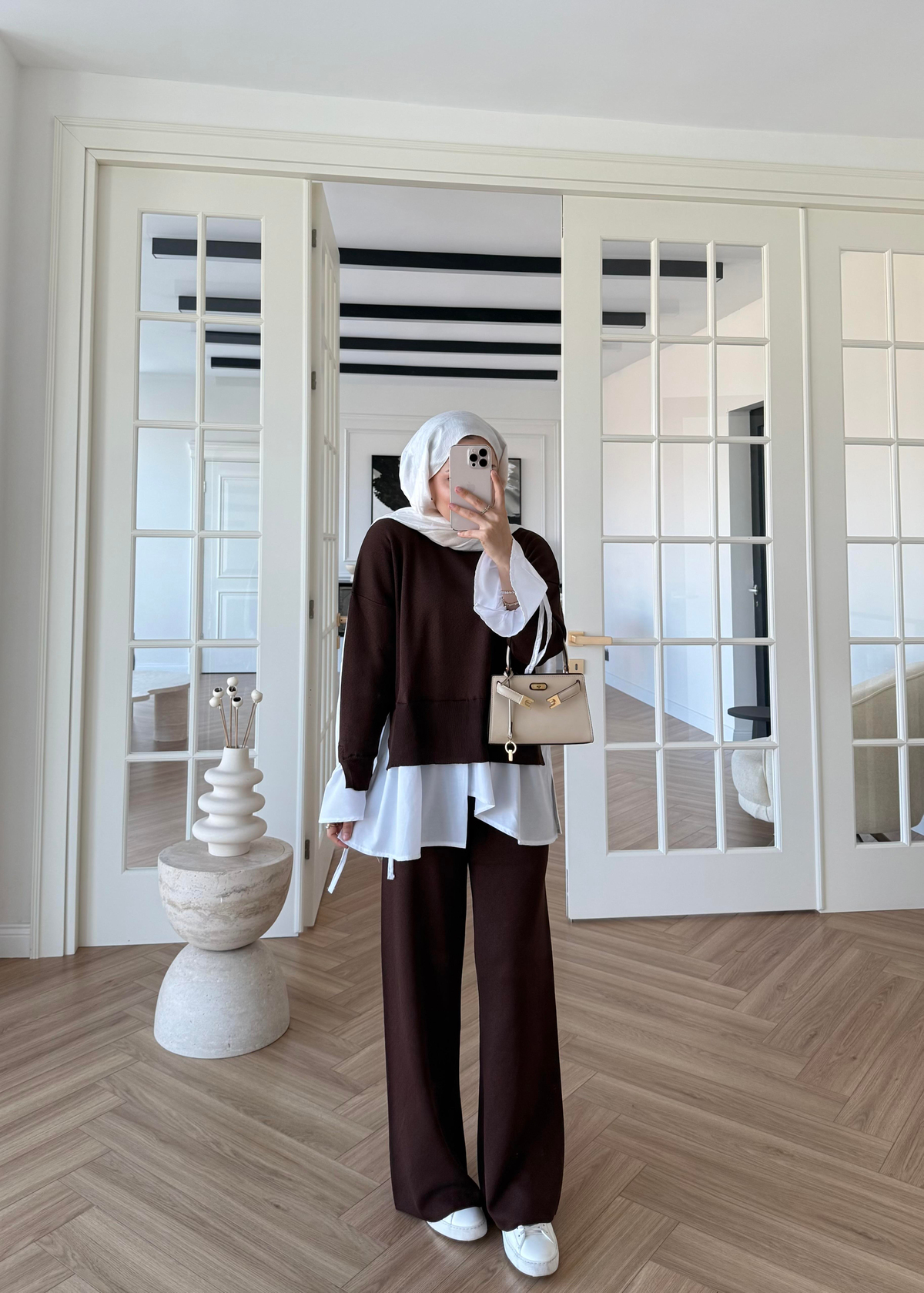 Triko Gömlek Detaylı Takım Kahverengi