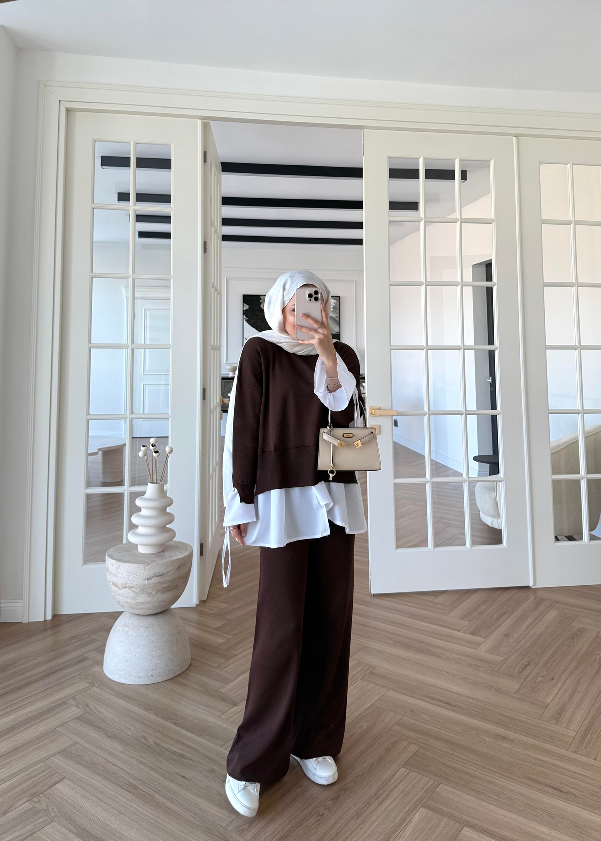 Triko Gömlek Detaylı Takım Kahverengi