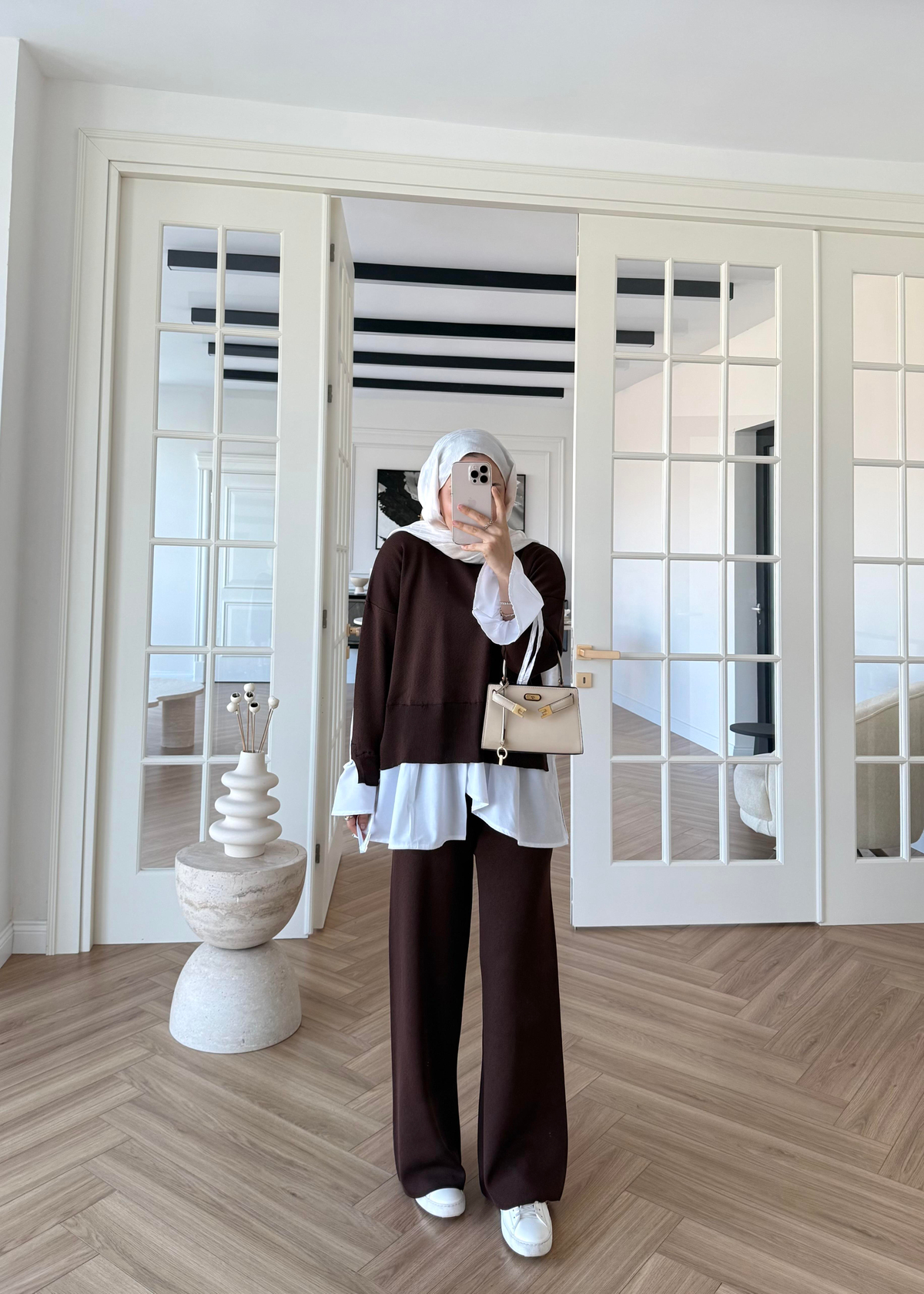 Triko Gömlek Detaylı Takım Kahverengi