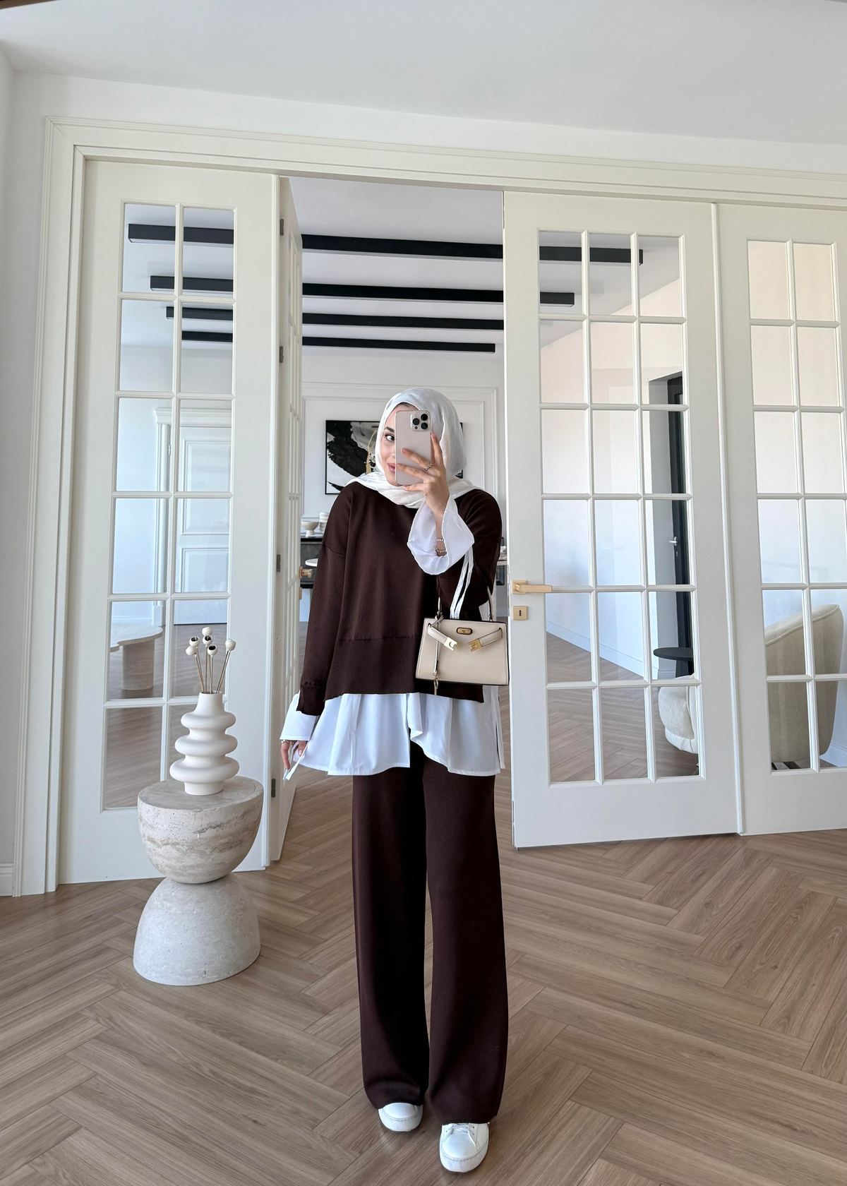 Triko Gömlek Detaylı Takım Kahverengi