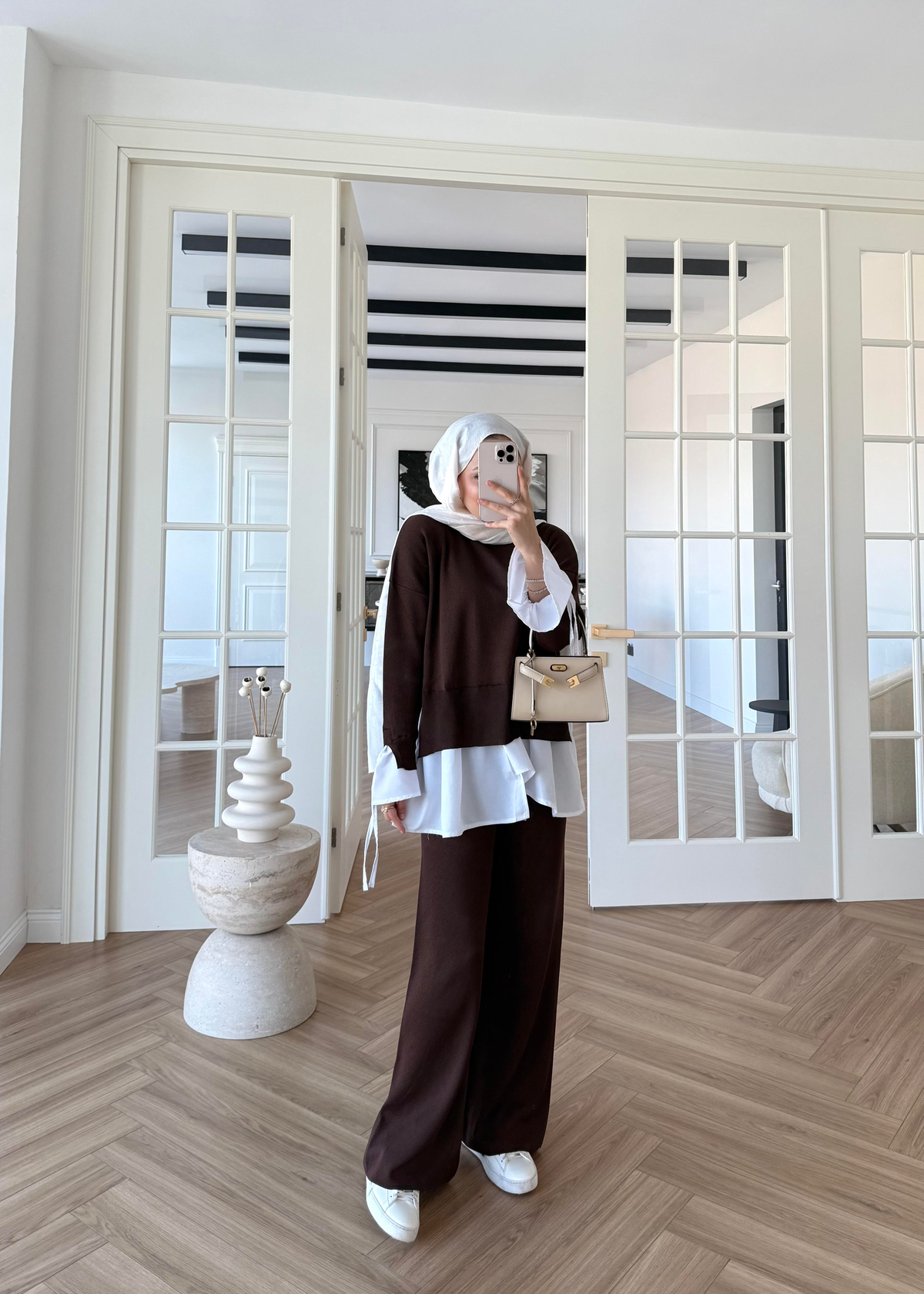 Triko Gömlek Detaylı Takım Kahverengi