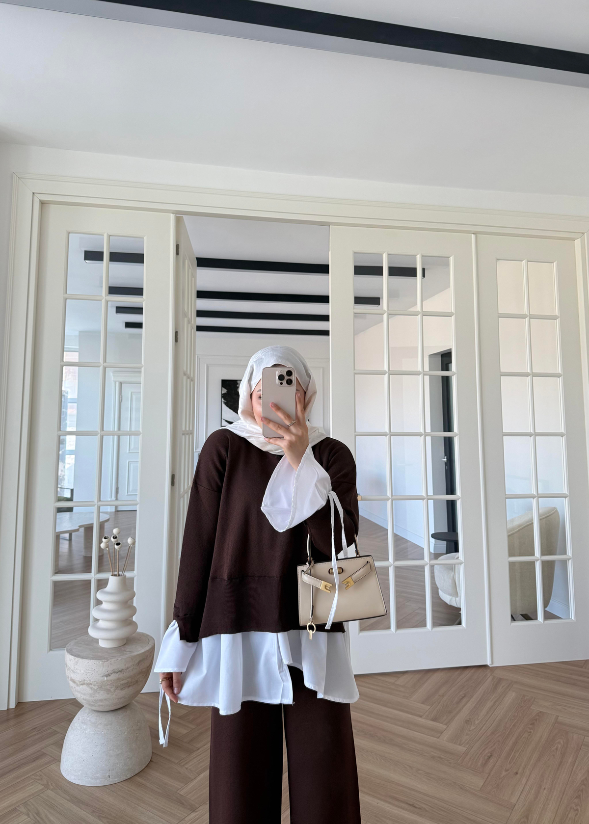 Triko Gömlek Detaylı Takım Kahverengi