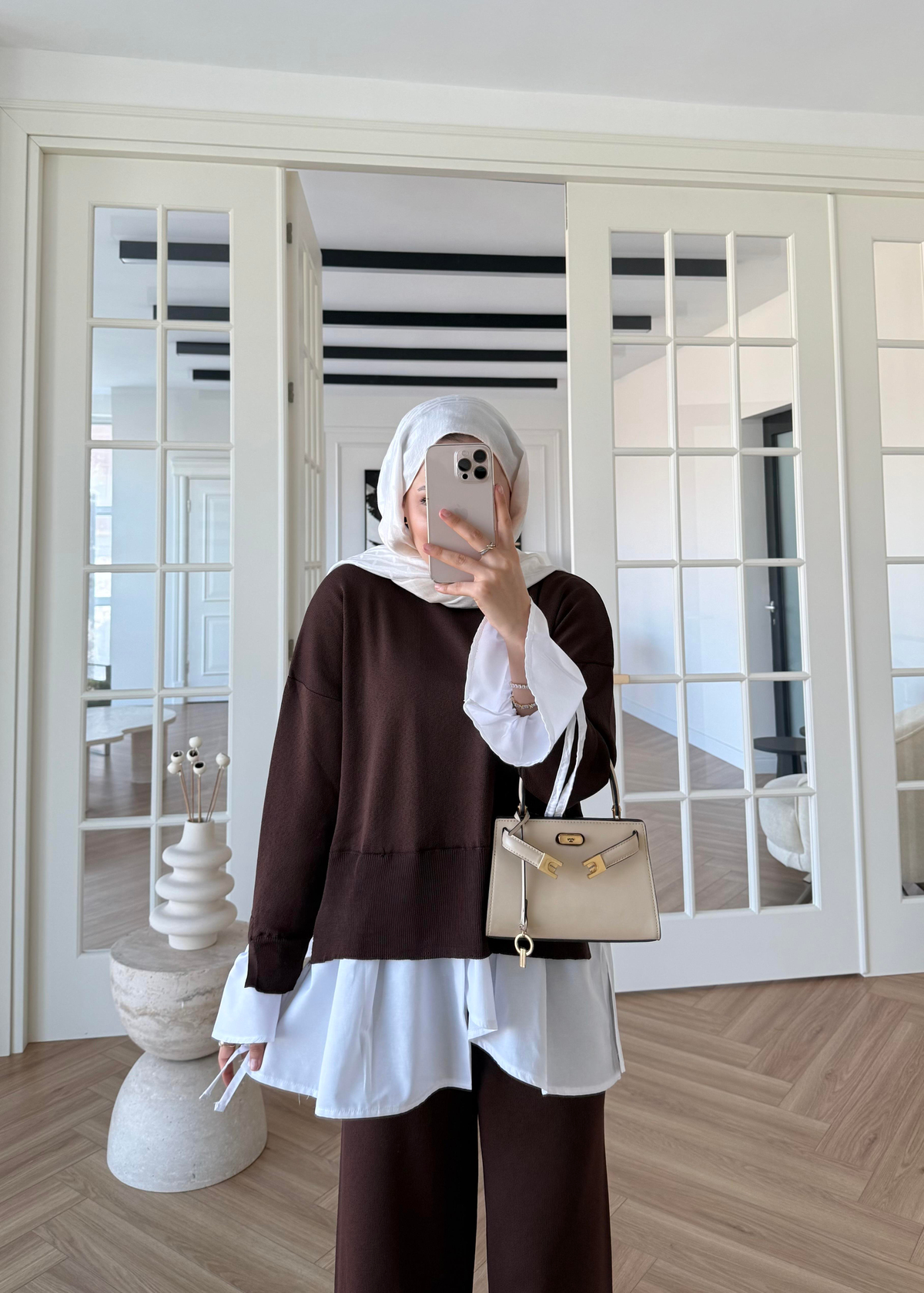 Triko Gömlek Detaylı Takım Kahverengi