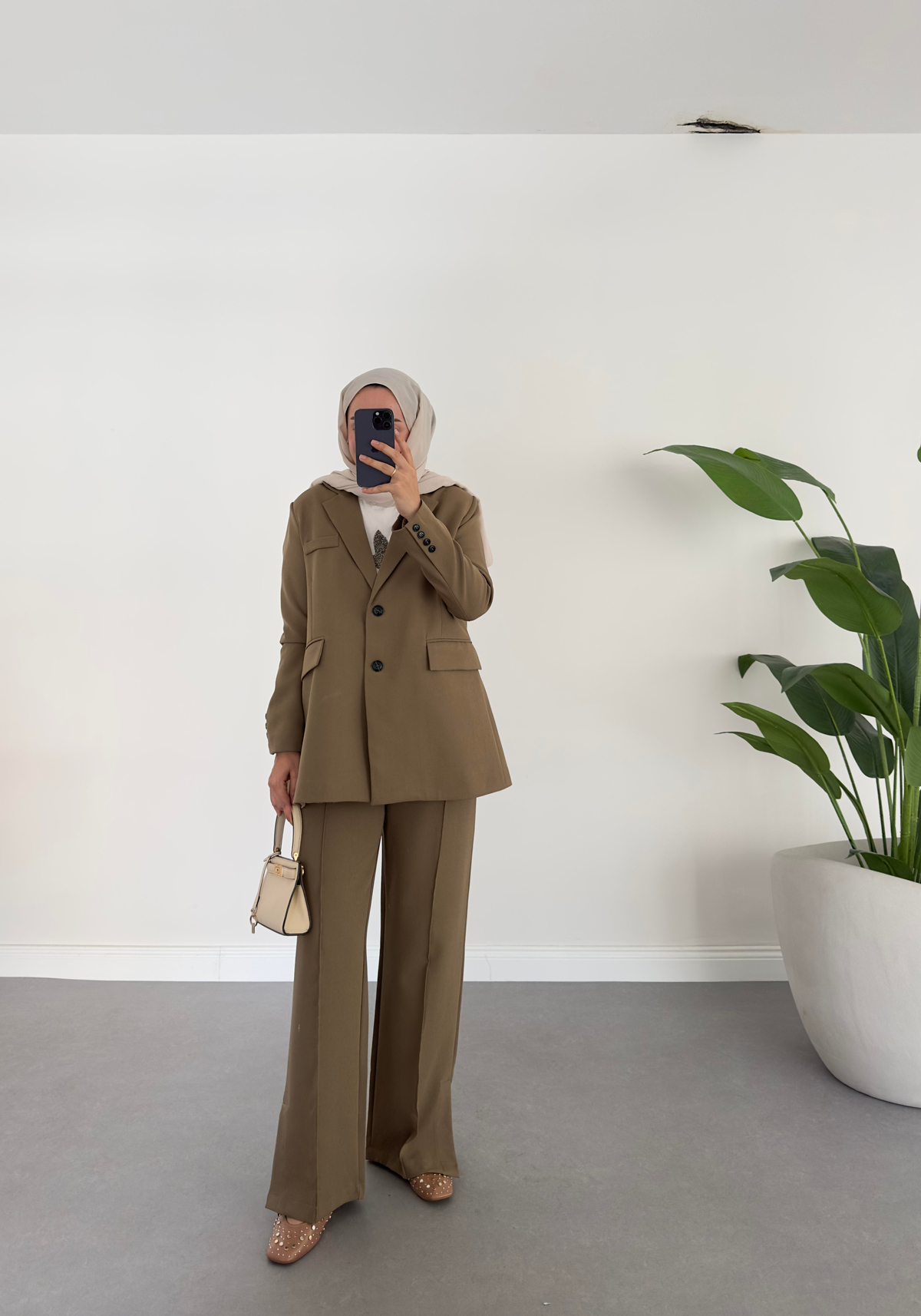 Yan Yırtmaçlı Krep Pantolon Bronz