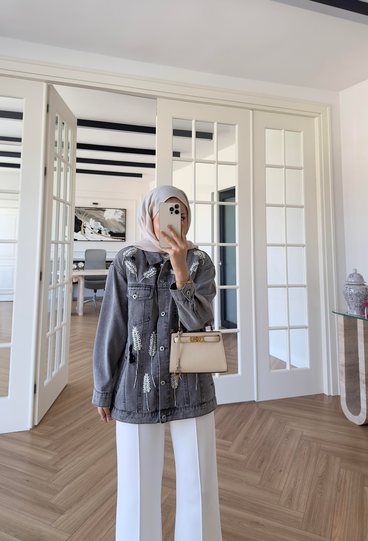 Yaprak Desenli Denim Ceket Antrasit