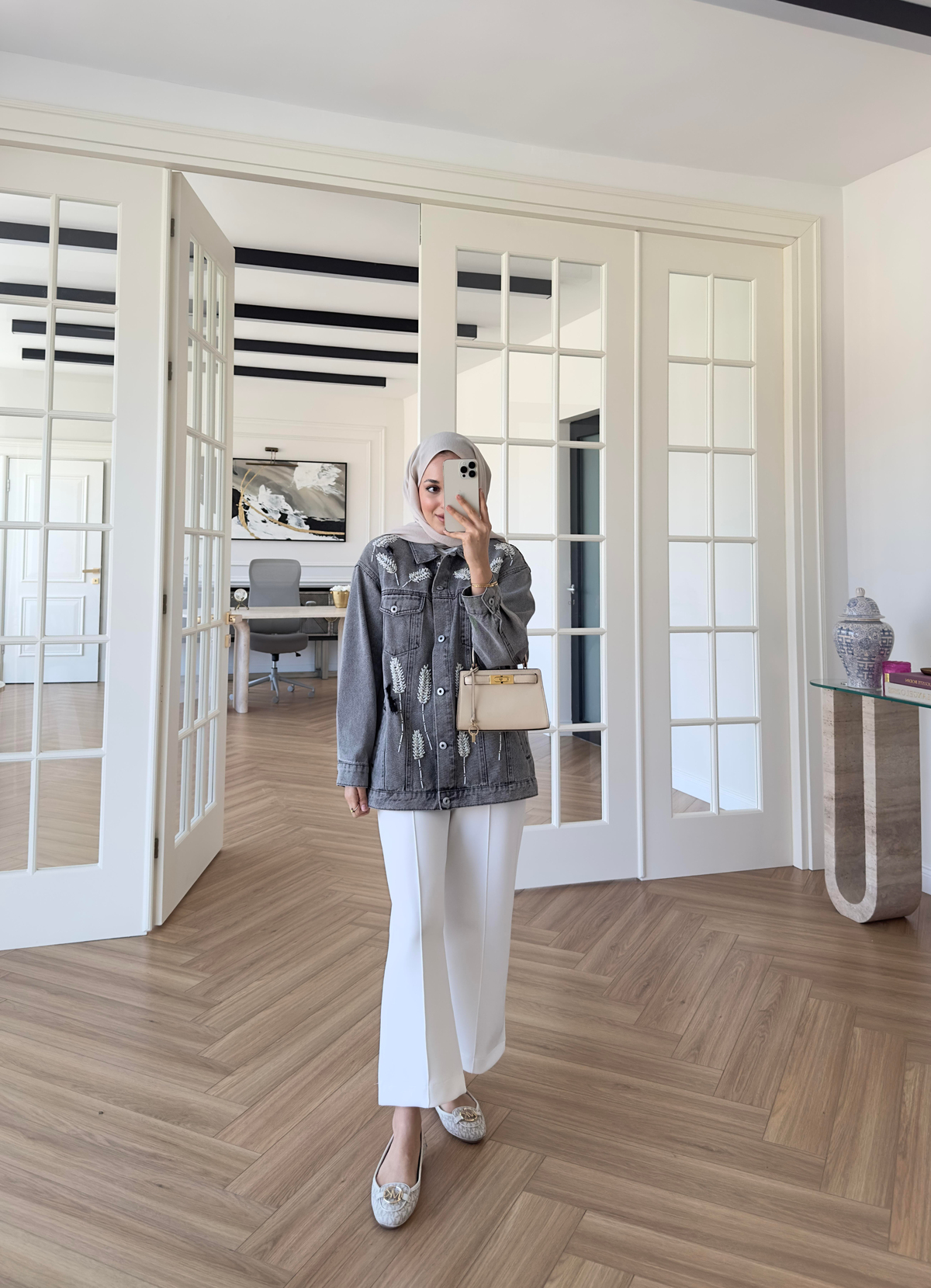 Yaprak Desenli Denim Ceket Antrasit