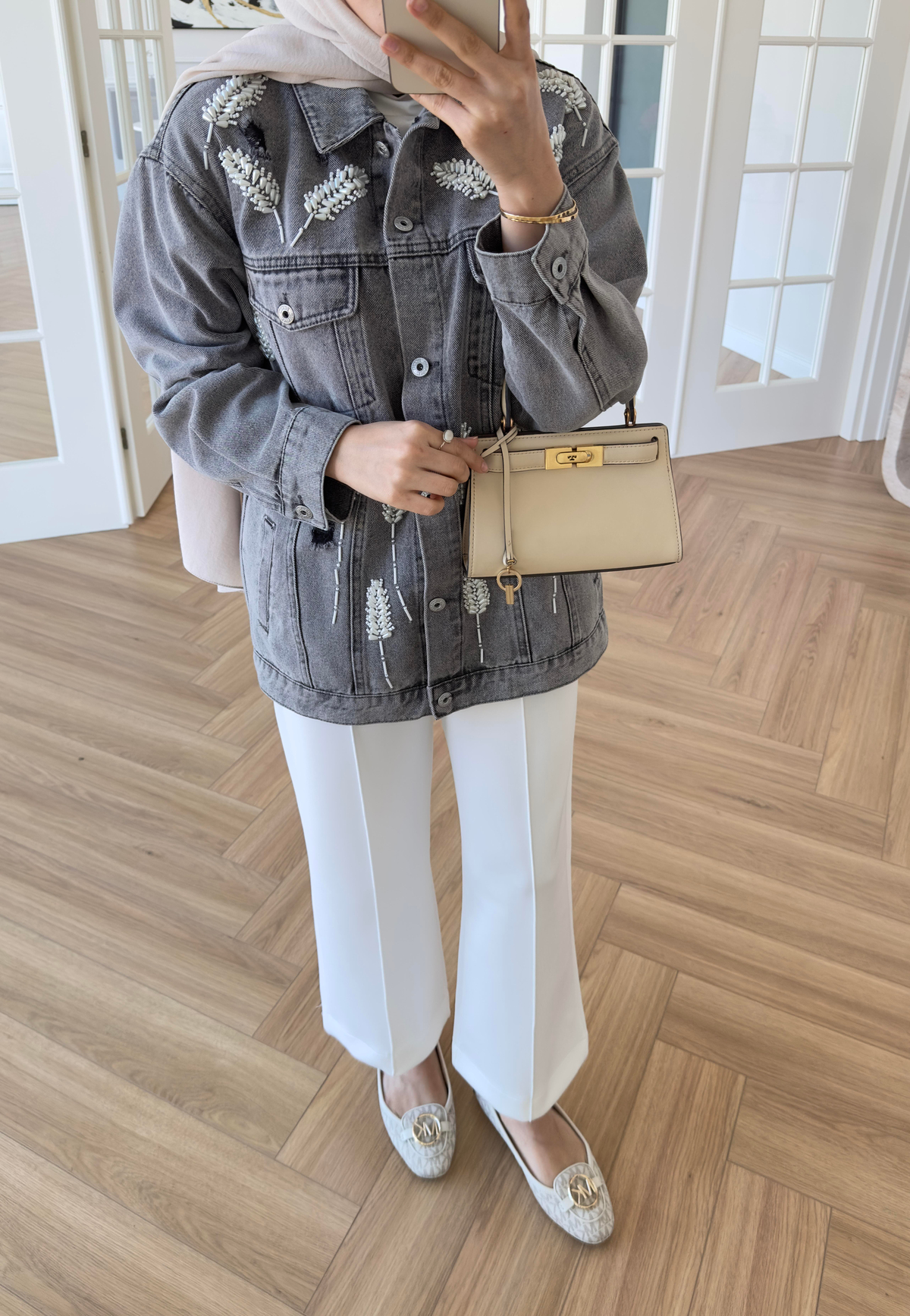 Yaprak Desenli Denim Ceket Antrasit