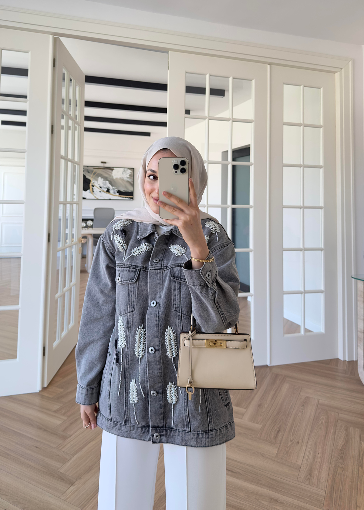 Yaprak Desenli Denim Ceket Antrasit