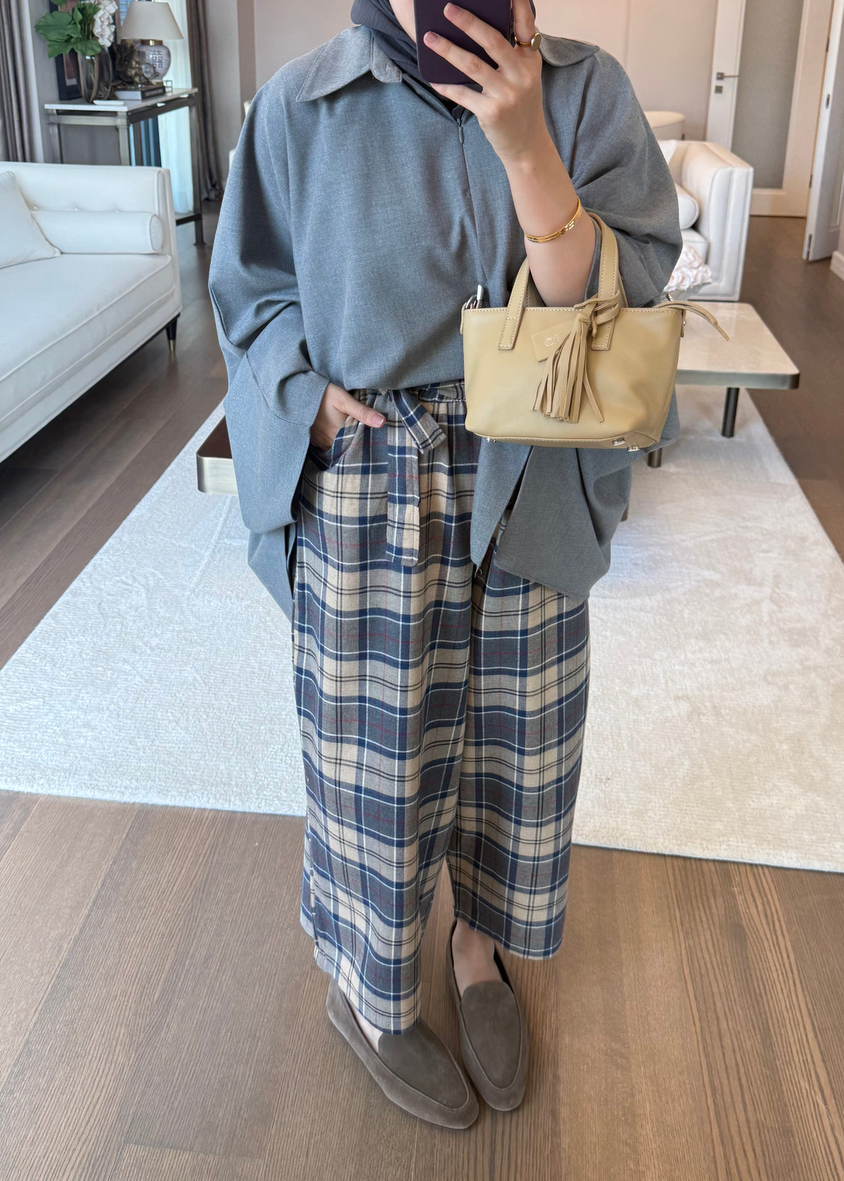 Yarım Fermuarlı Oversize Yarasa Bluz Gri