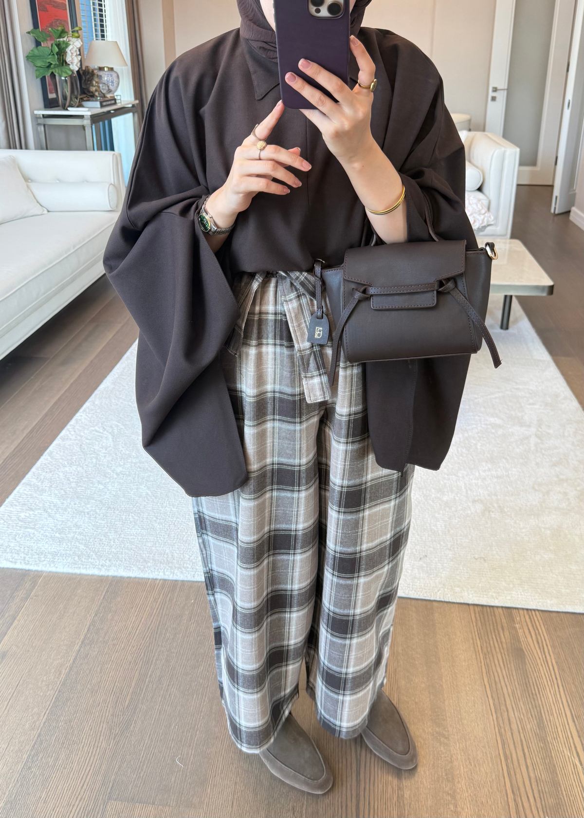 Yarım Fermuarlı Oversize Yarasa Bluz Kahverengi