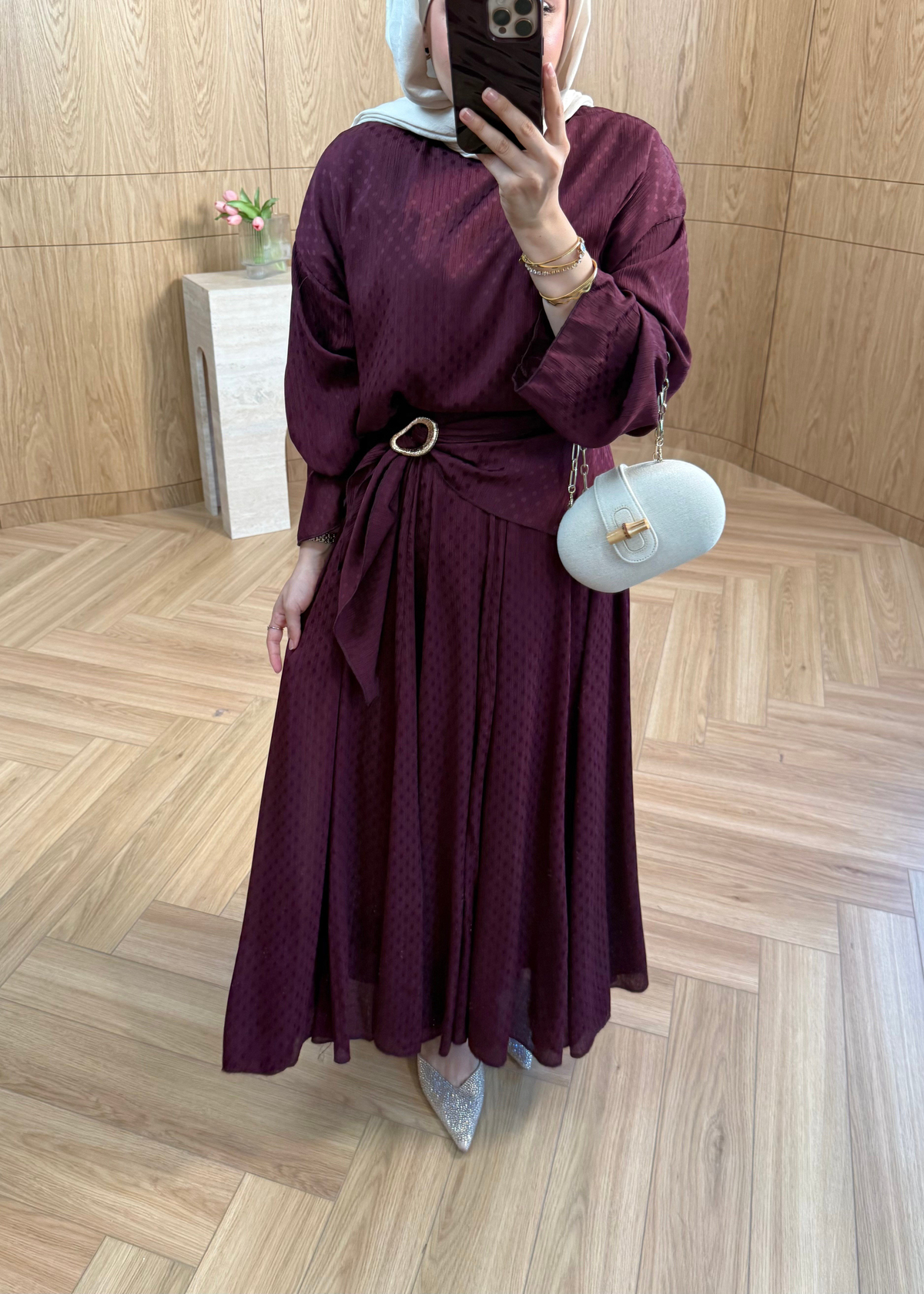Yoryo Şifon Puantiye Etekli Takım  Burgundy