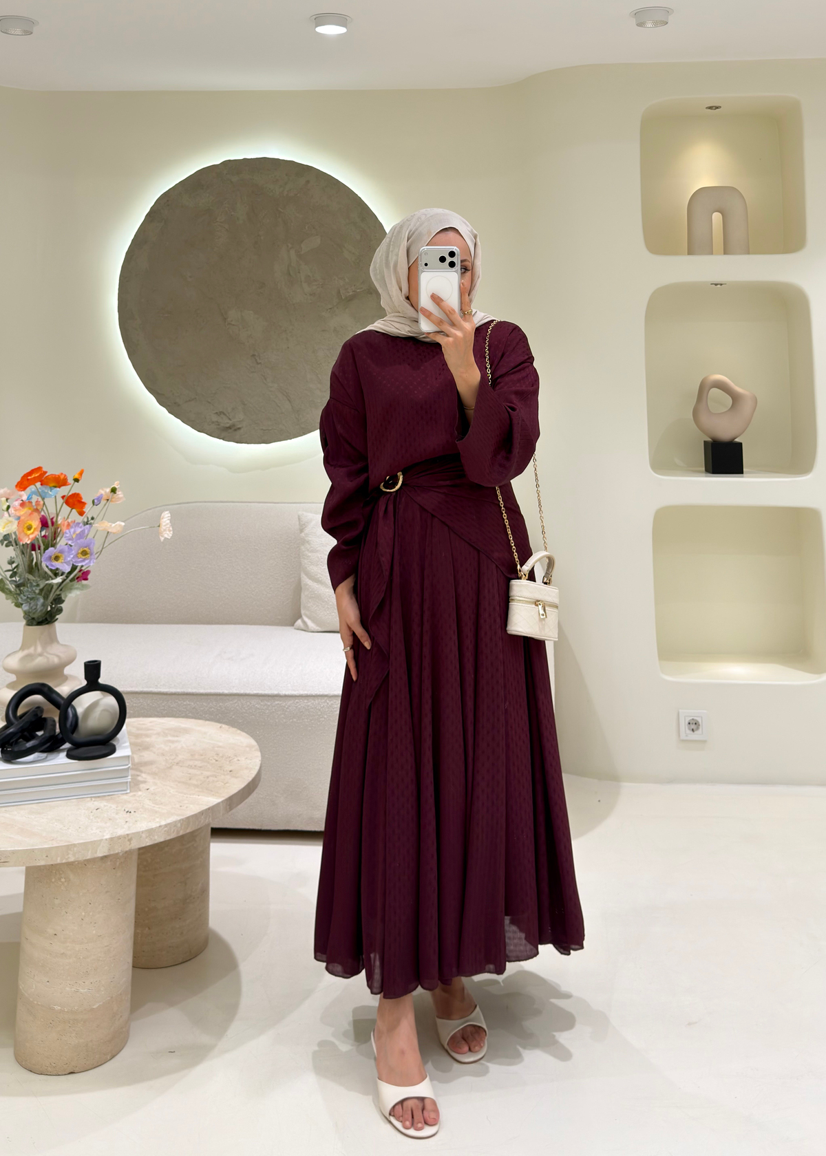 Yoryo Şifon Puantiye Etekli Takım  Burgundy