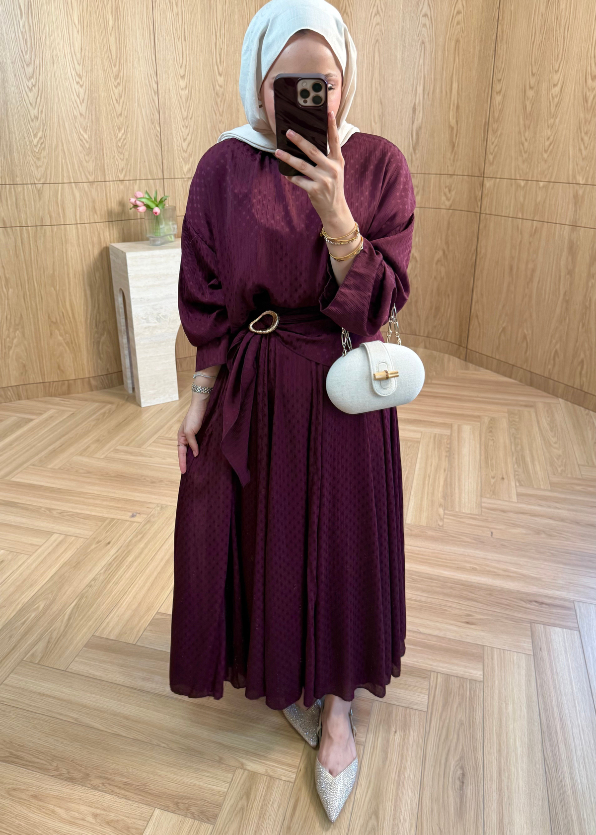 Yoryo Şifon Puantiye Etekli Takım  Burgundy