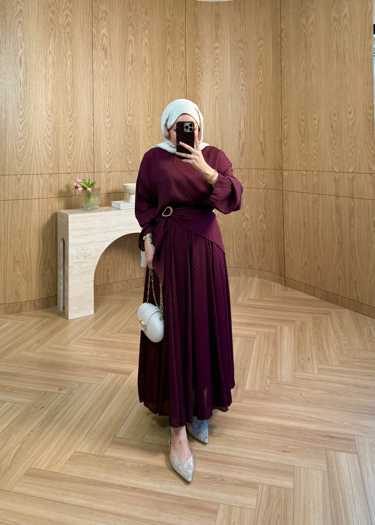 Yoryo Şifon Puantiye Etekli Takım  Burgundy