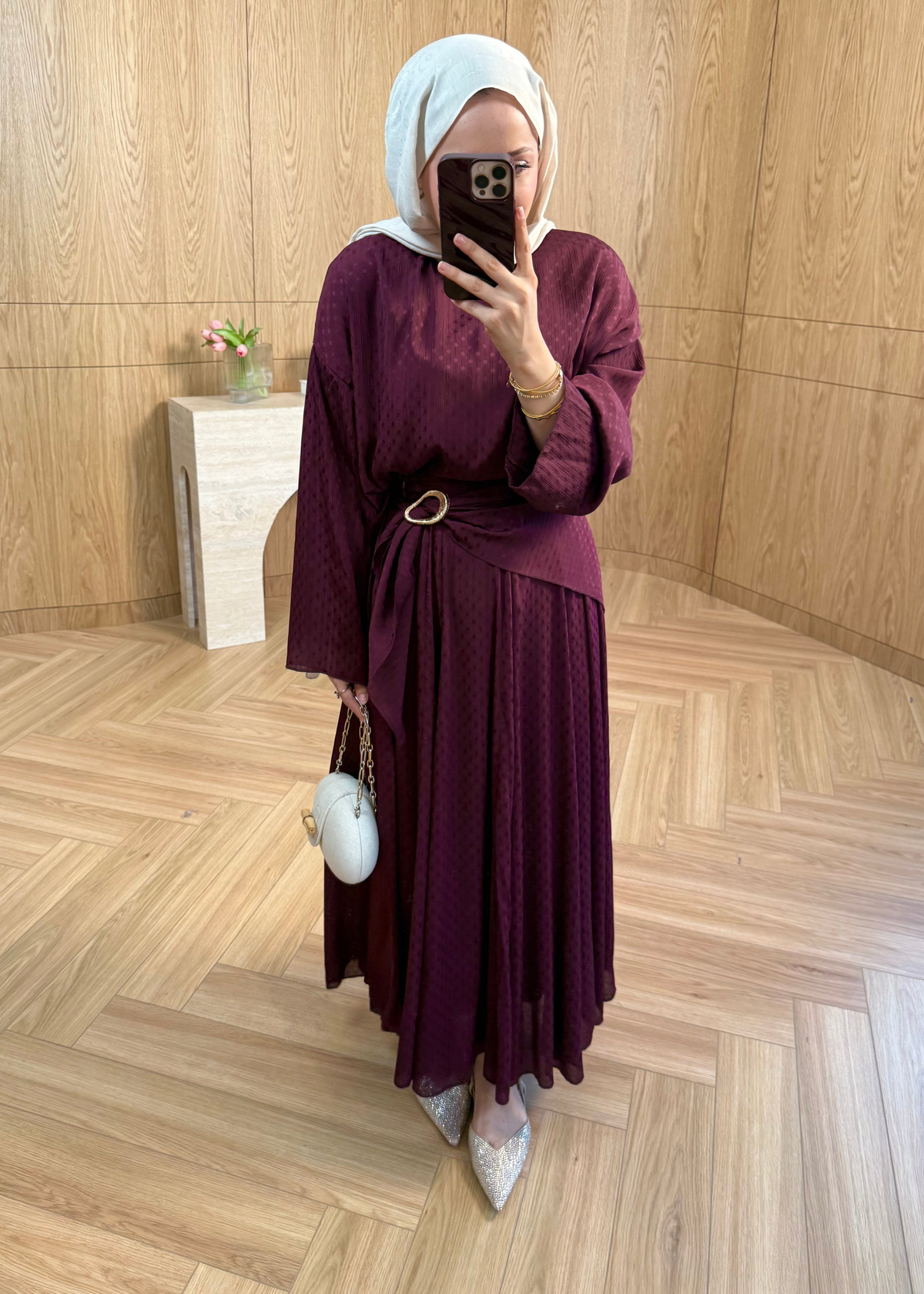 Yoryo Şifon Puantiye Etekli Takım  Burgundy