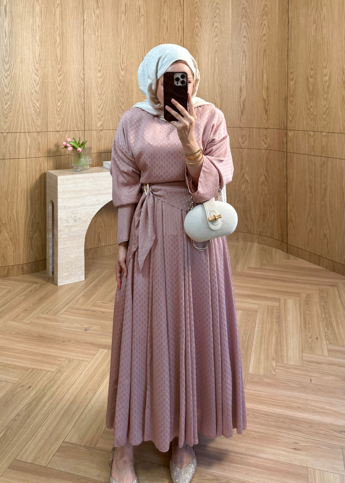 Yoryo Şifon Puantiye Etekli Takım  Pudra