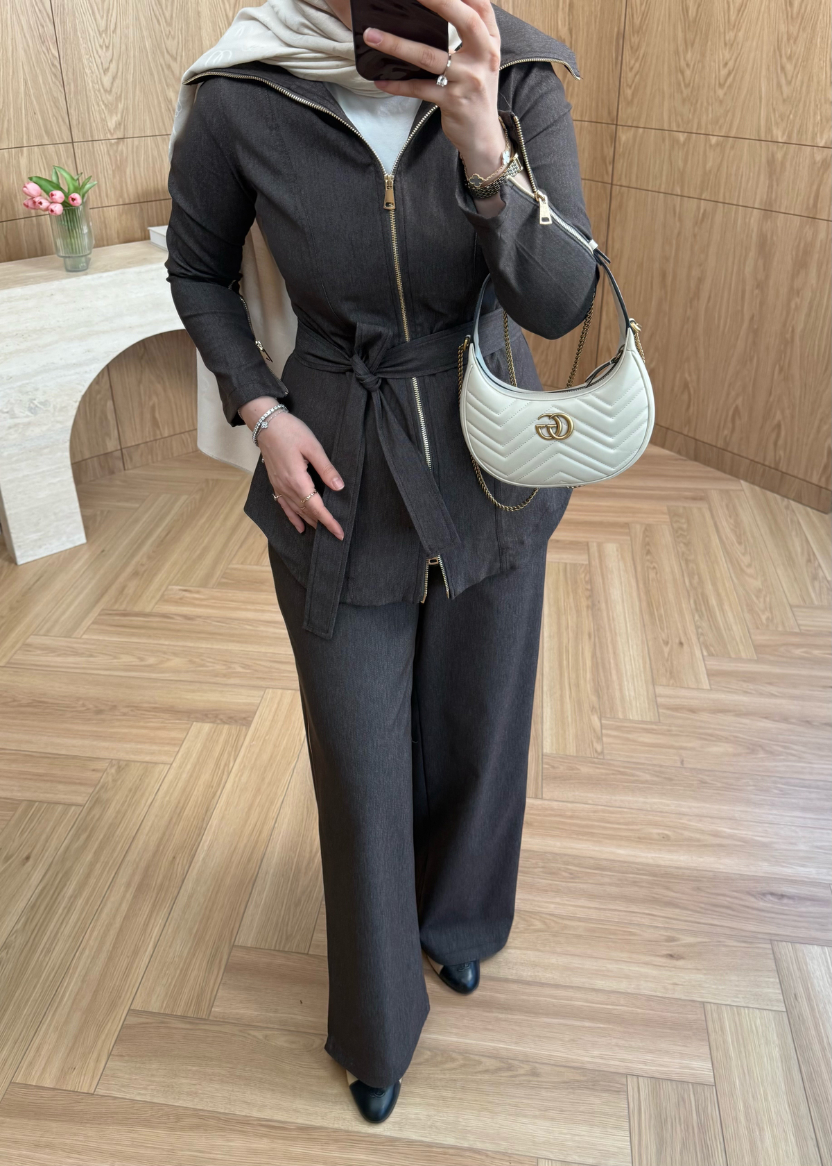 Zana Fermuarlı Denim Takım Kahverengi