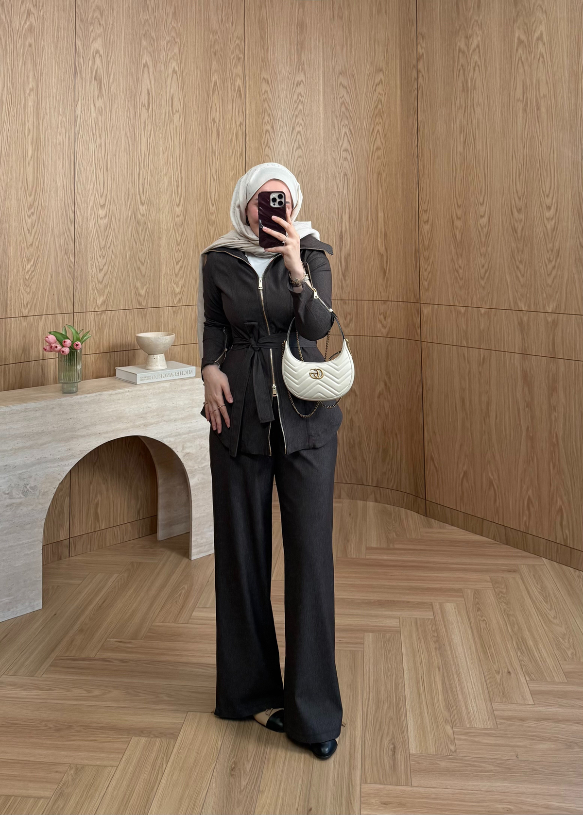 Zana Fermuarlı Denim Takım Kahverengi