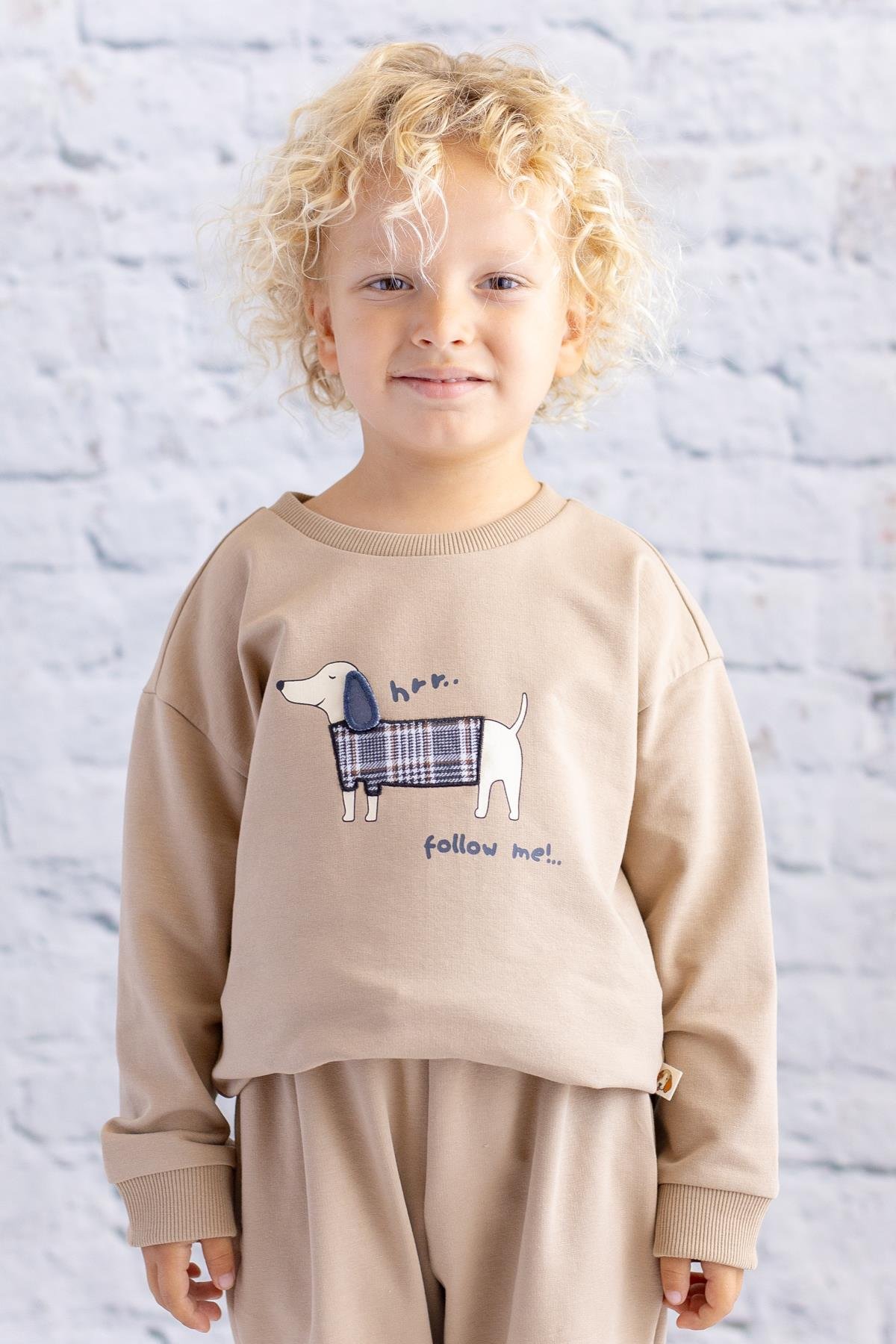 Erkek Bebek Baskı Nakış Detaylı Sweatshirt - Bej