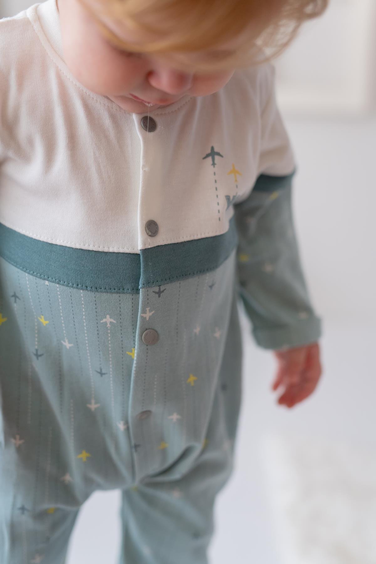 Erkek Bebek Baskılı Örme Tulum - Mint