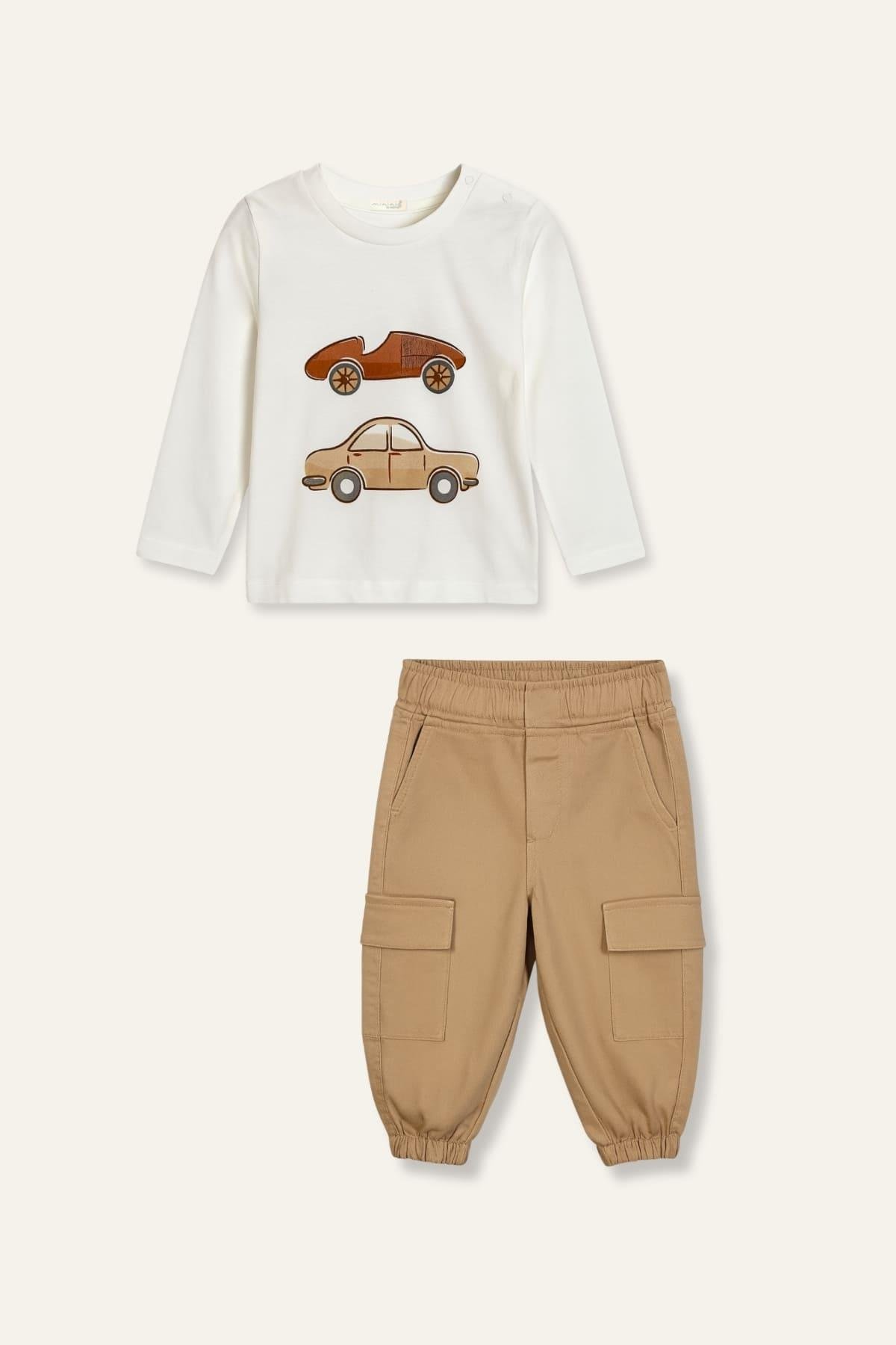 Erkek Bebek Baskılı T-shirt Gabardin Takım - Kahve