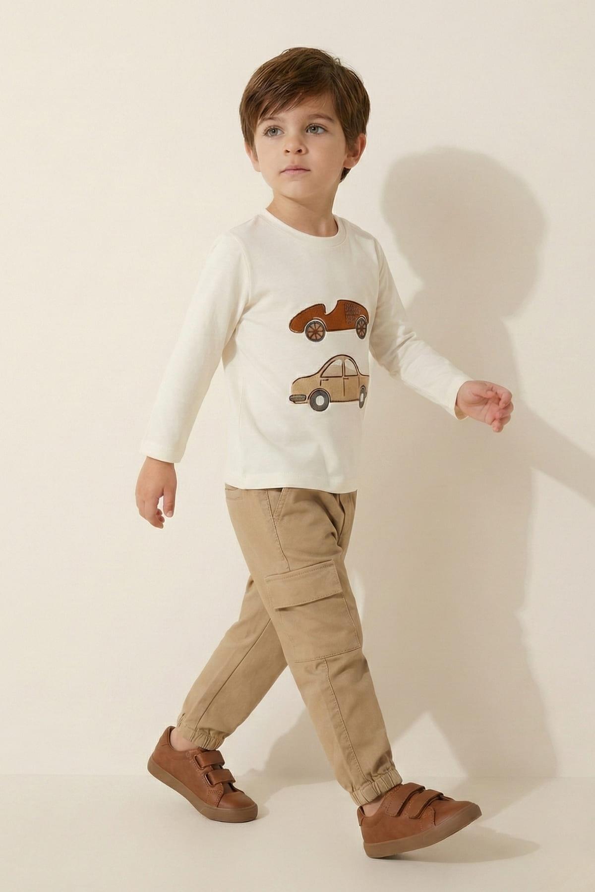 Erkek Bebek Baskılı T-shirt Gabardin Takım - Kahve