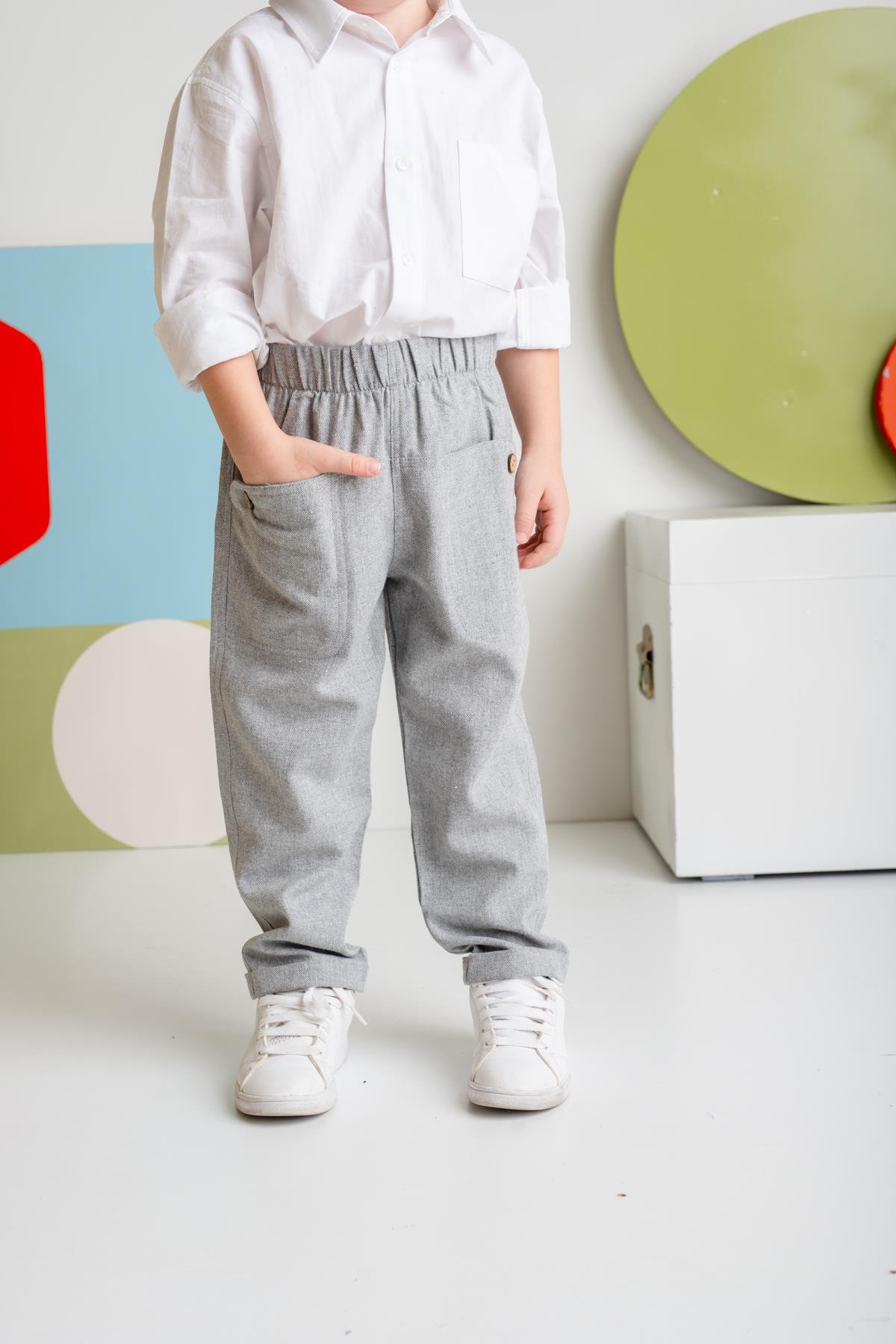 Erkek Bebek Cepli Dokuma Pantolon - Gri