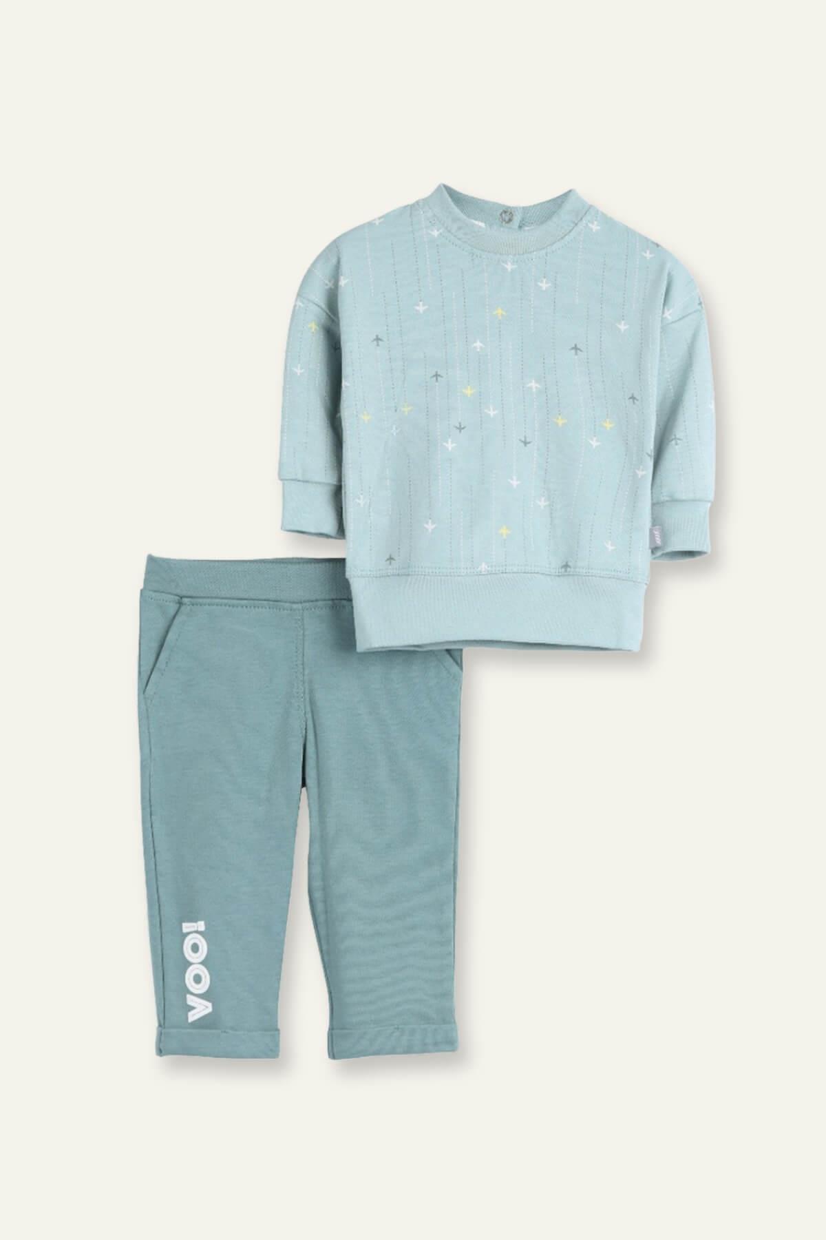 Erkek Bebek Desenli T-shirt ve Tek Alt İkili Takım - Yeşil