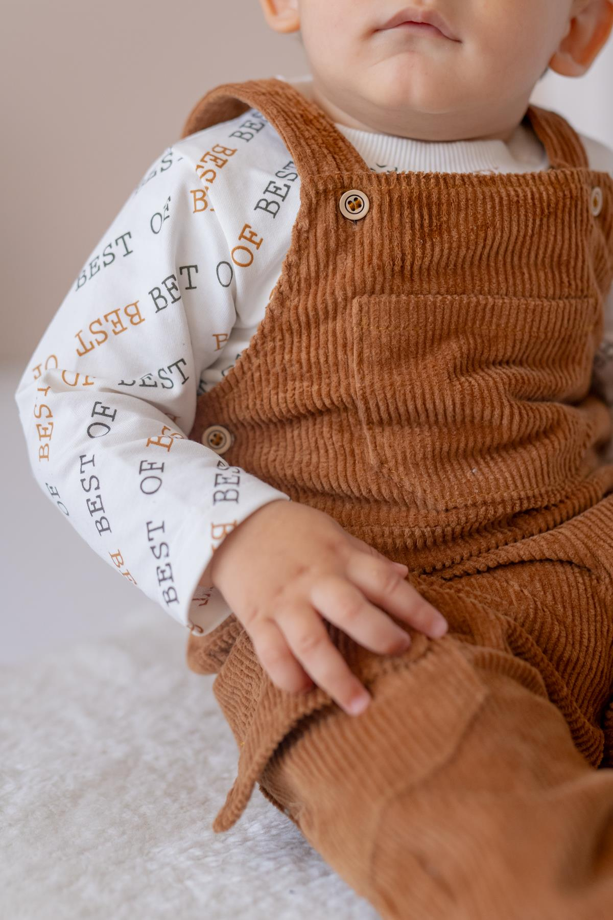 Erkek Bebek Kadife Salopet ve T-shirt İkili Takım - Kahverengi