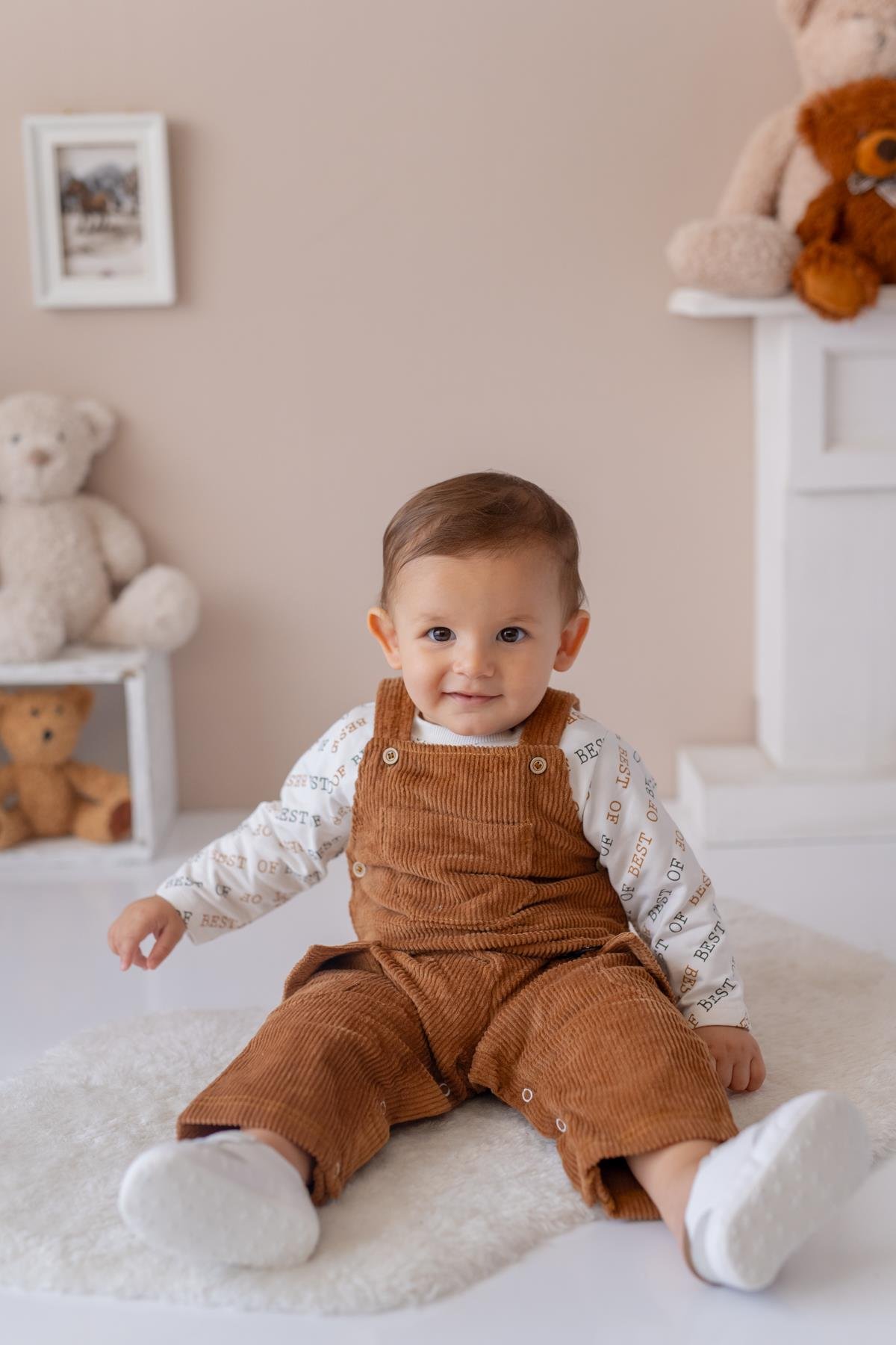 Erkek Bebek Kadife Salopet ve T-shirt İkili Takım - Kahverengi